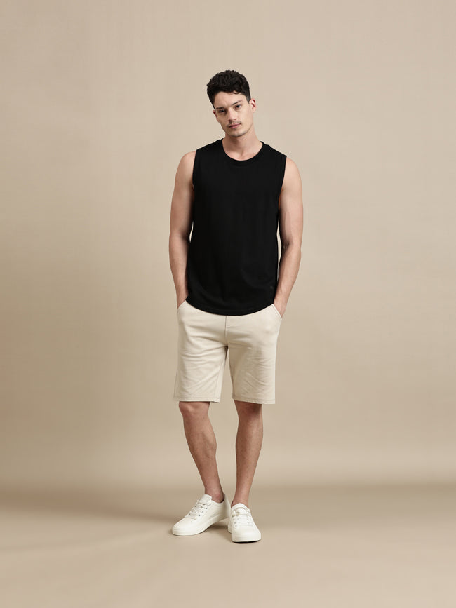 Men Black Sleeveless Cotton T-Shirt