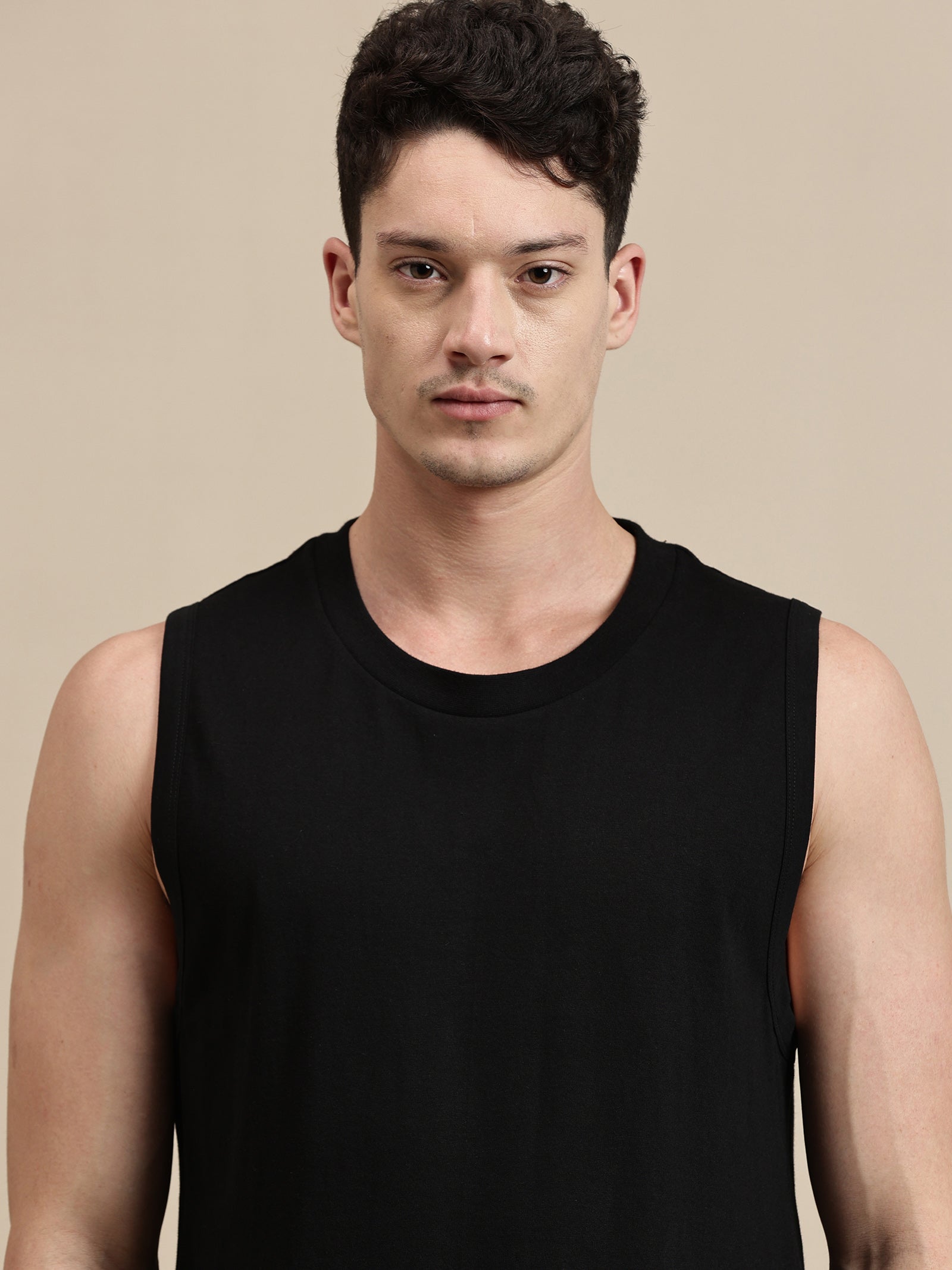 Men Black Sleeveless Cotton T-Shirt