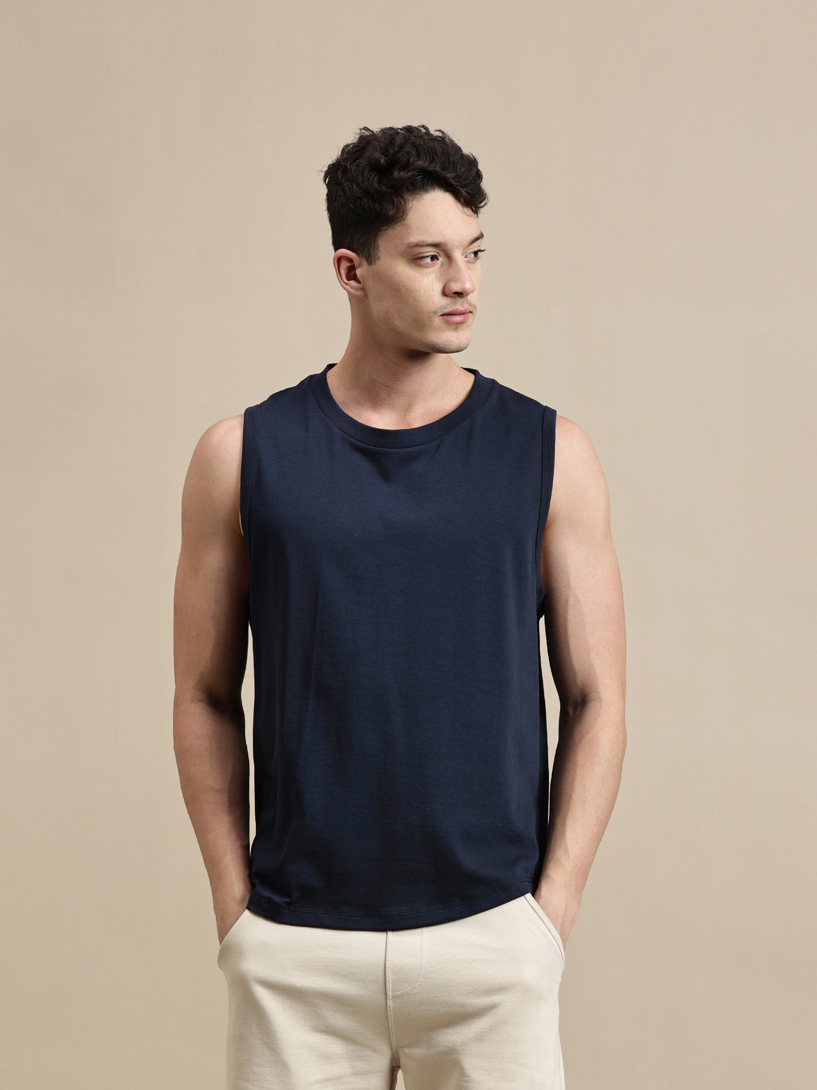 Men Navy Blue Sleeveless T-Shirt