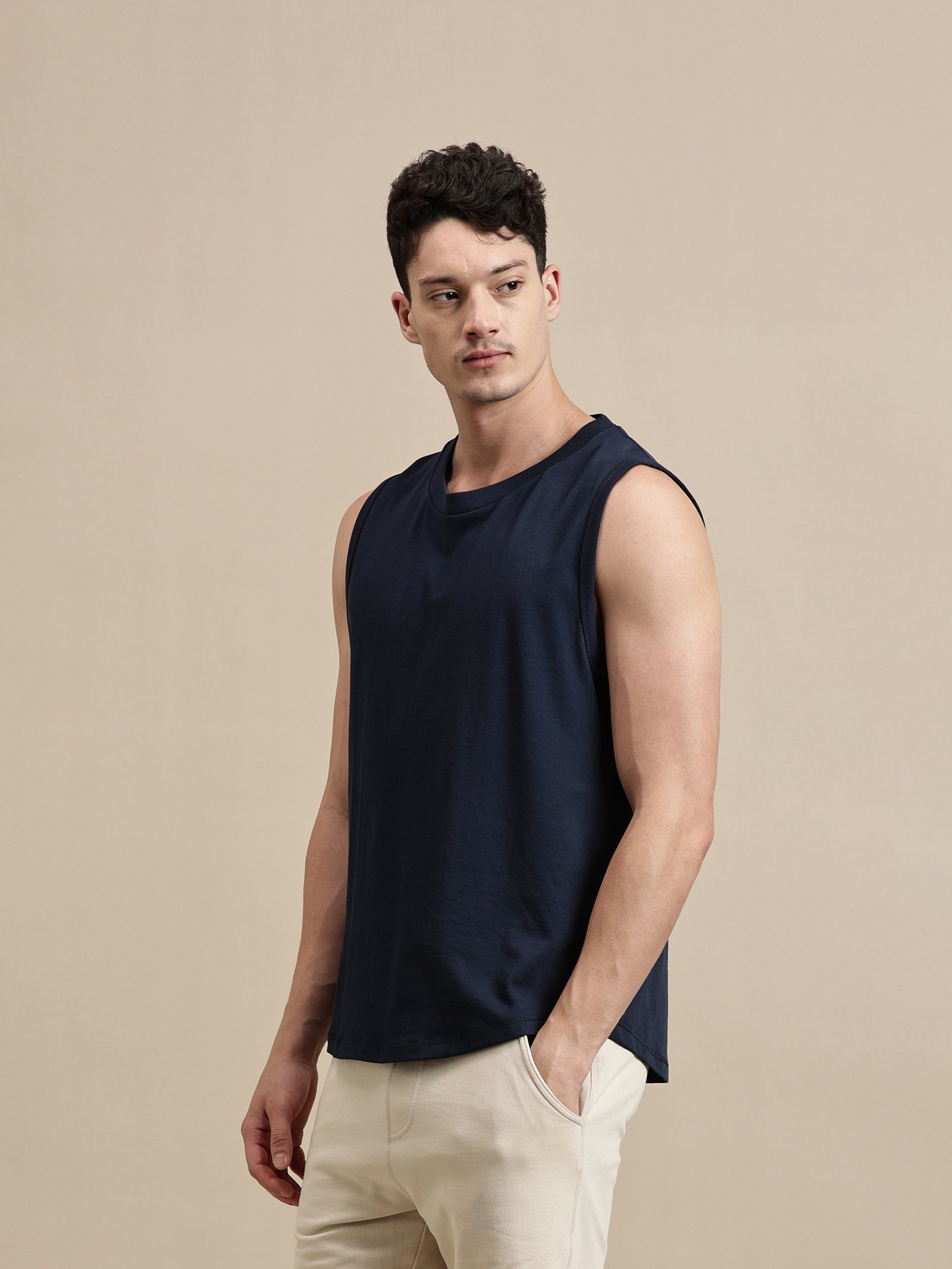 Men Navy Blue Sleeveless T-Shirt