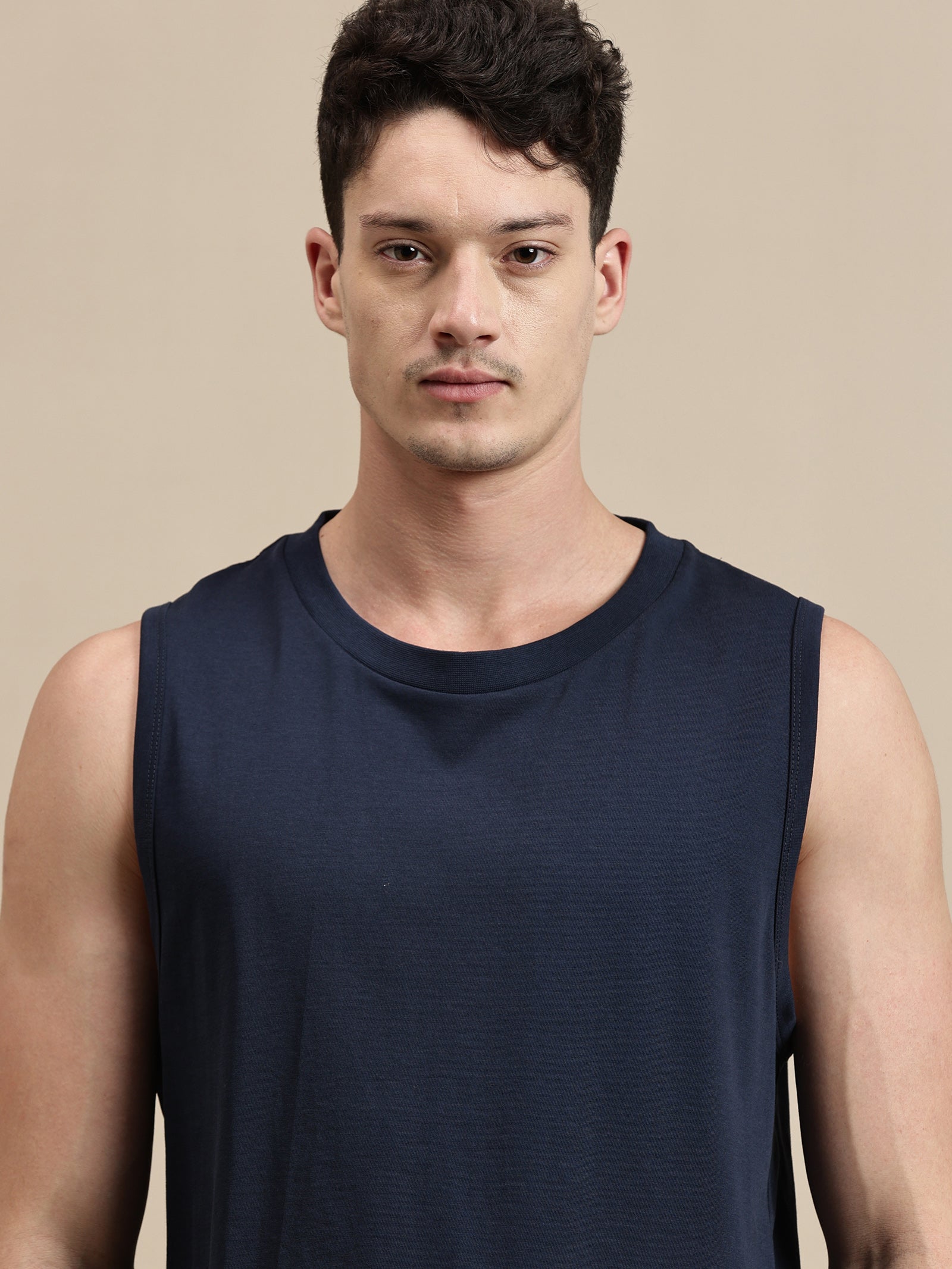 Men Navy Blue Sleeveless T-Shirt