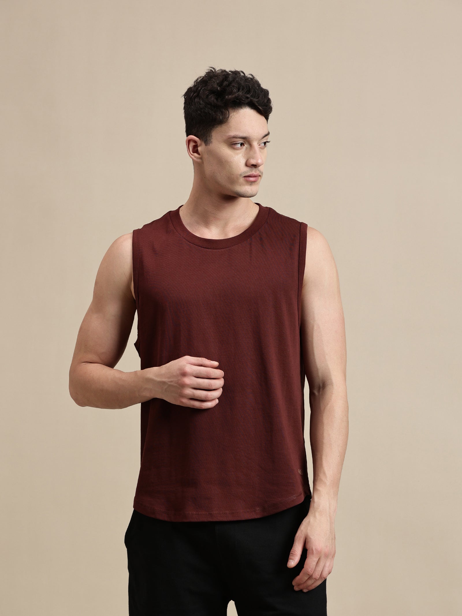 Men Burgundy Sleeveless T-Shirt