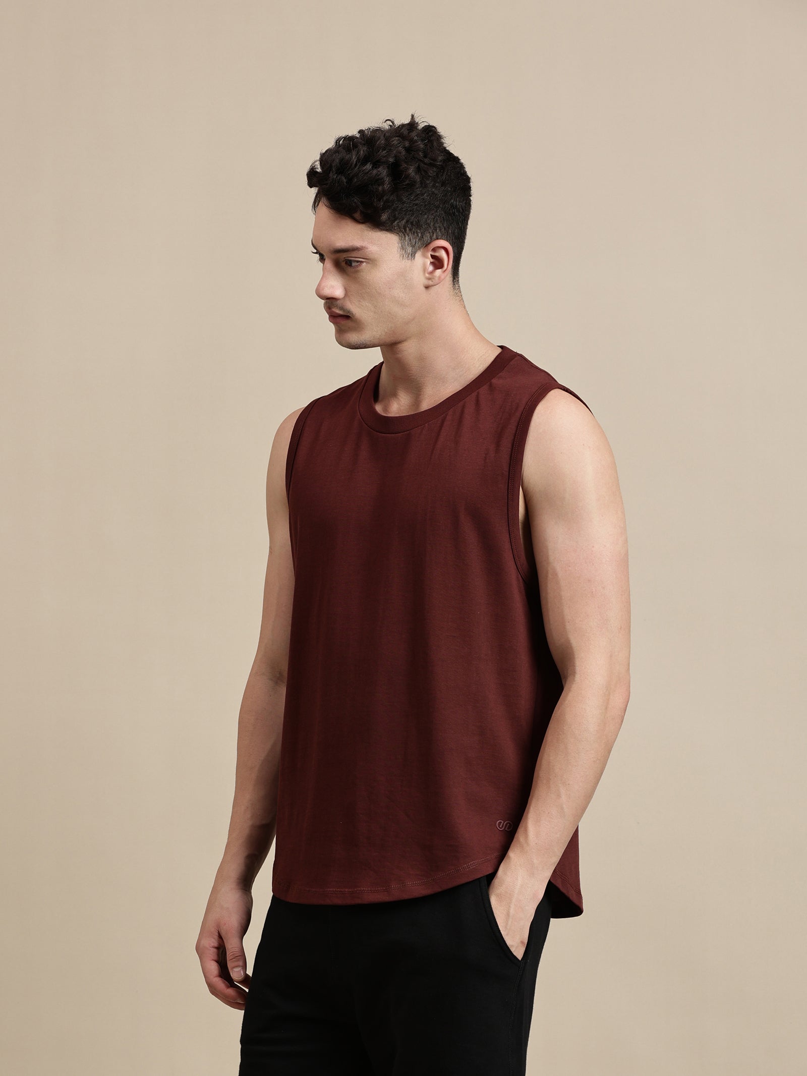 Men Burgundy Sleeveless T-Shirt