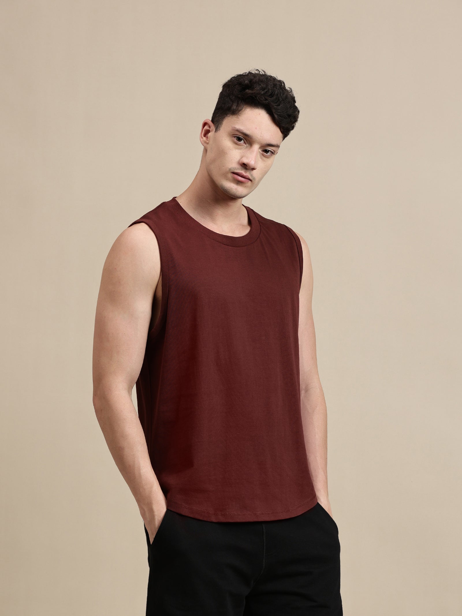 Men Burgundy Sleeveless T-Shirt
