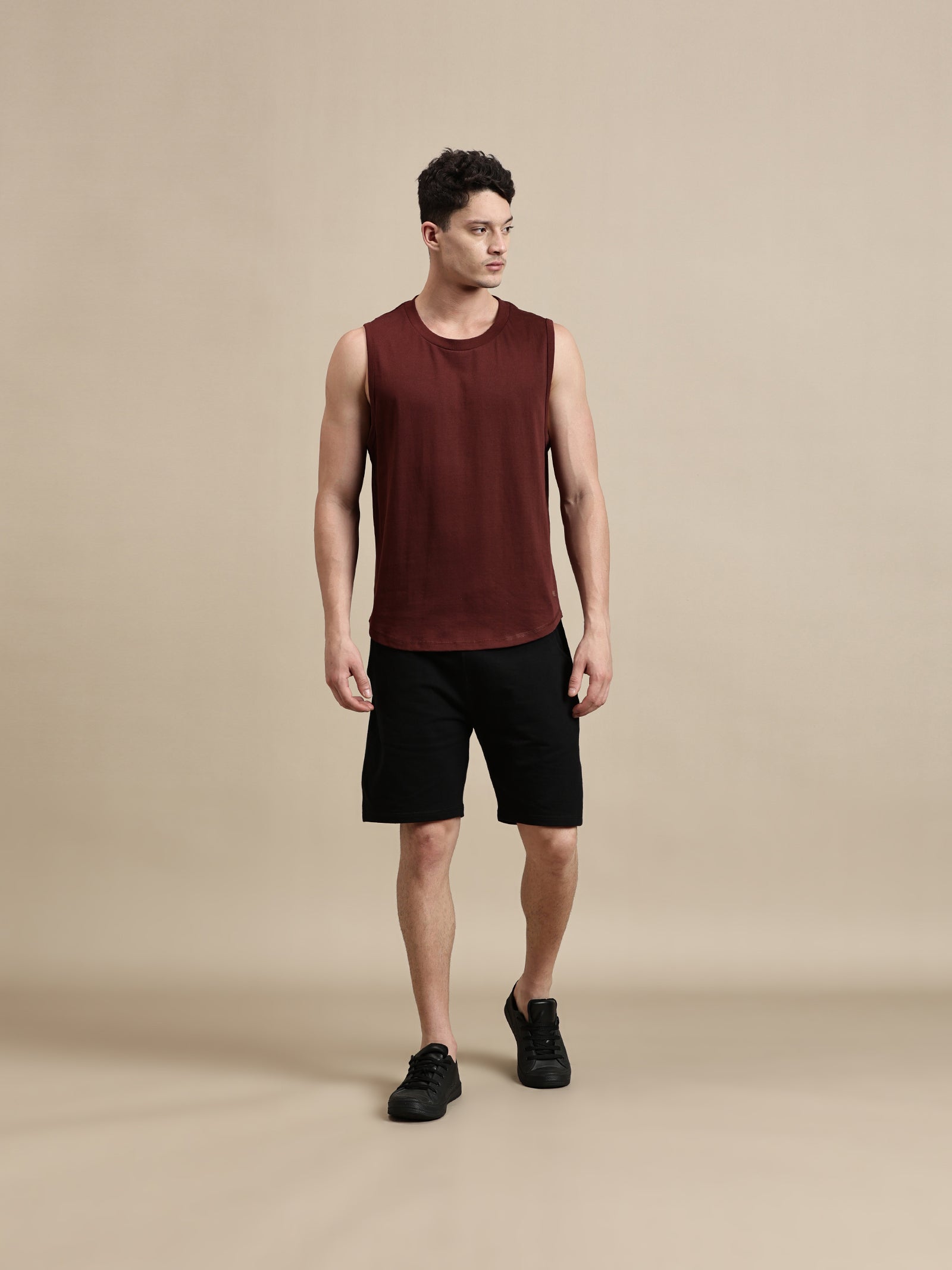Men Burgundy Sleeveless T-Shirt