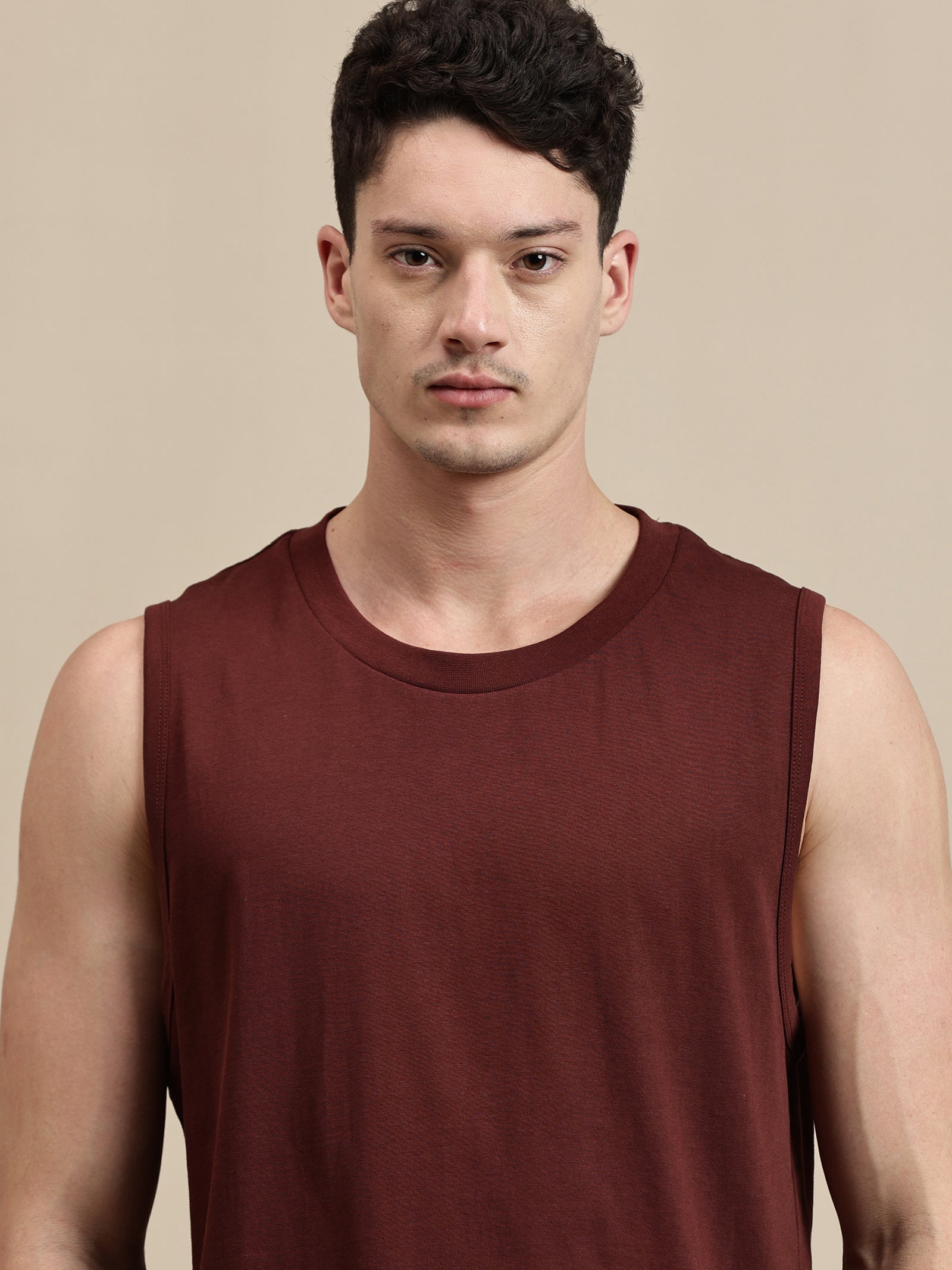 Men Burgundy Sleeveless T-Shirt