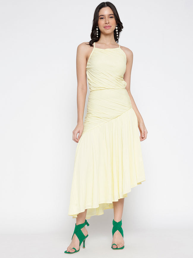 Women Yellow  Crepe Backless Beauty Midi Dress