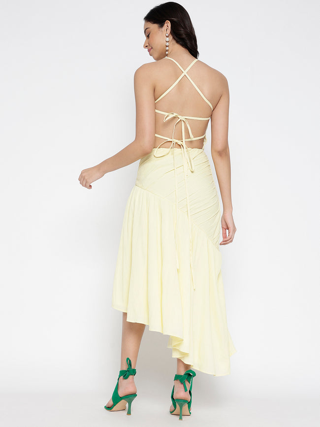 Women Yellow  Crepe Backless Beauty Midi Dress