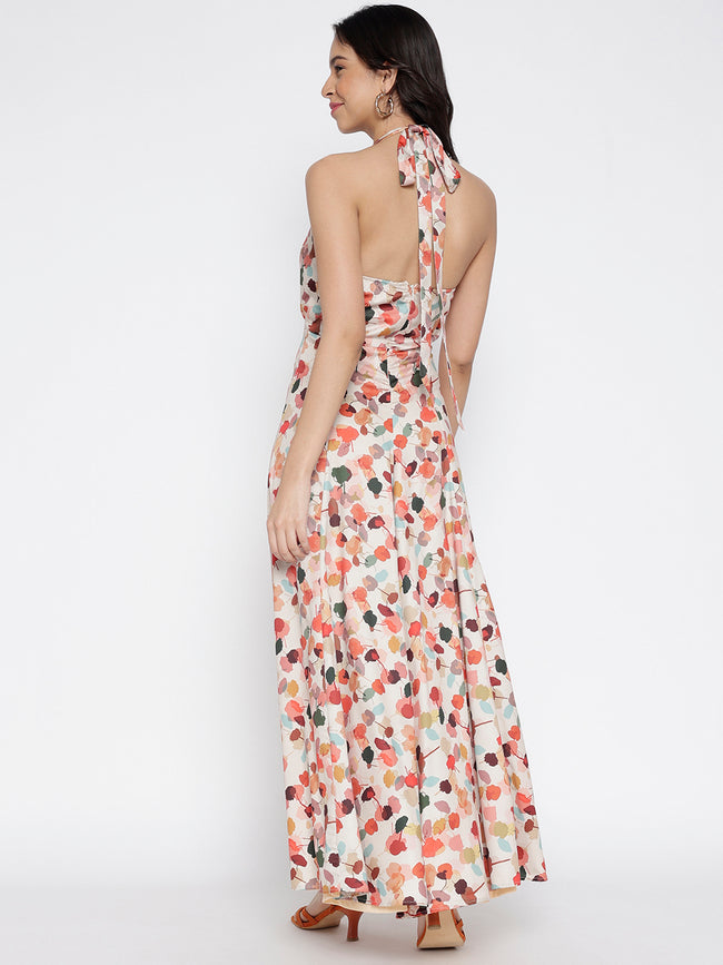 Women Beige Crepe Flora Fun Maxi Dress