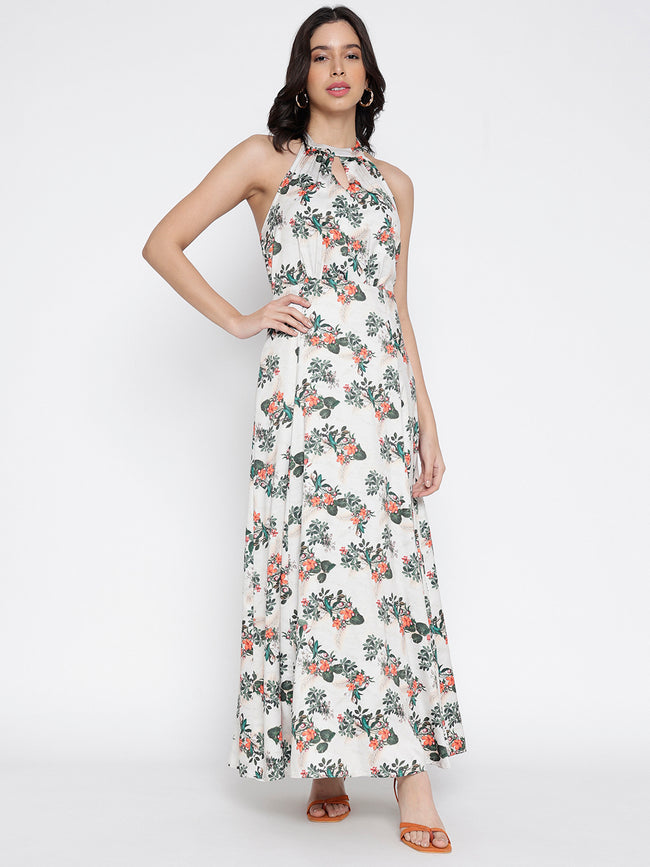 Women Cream Crepe Flora Fun Maxi Dress