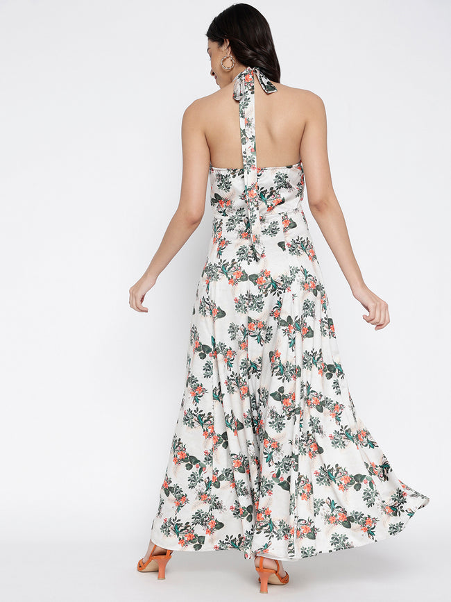 Women Cream Crepe Flora Fun Maxi Dress
