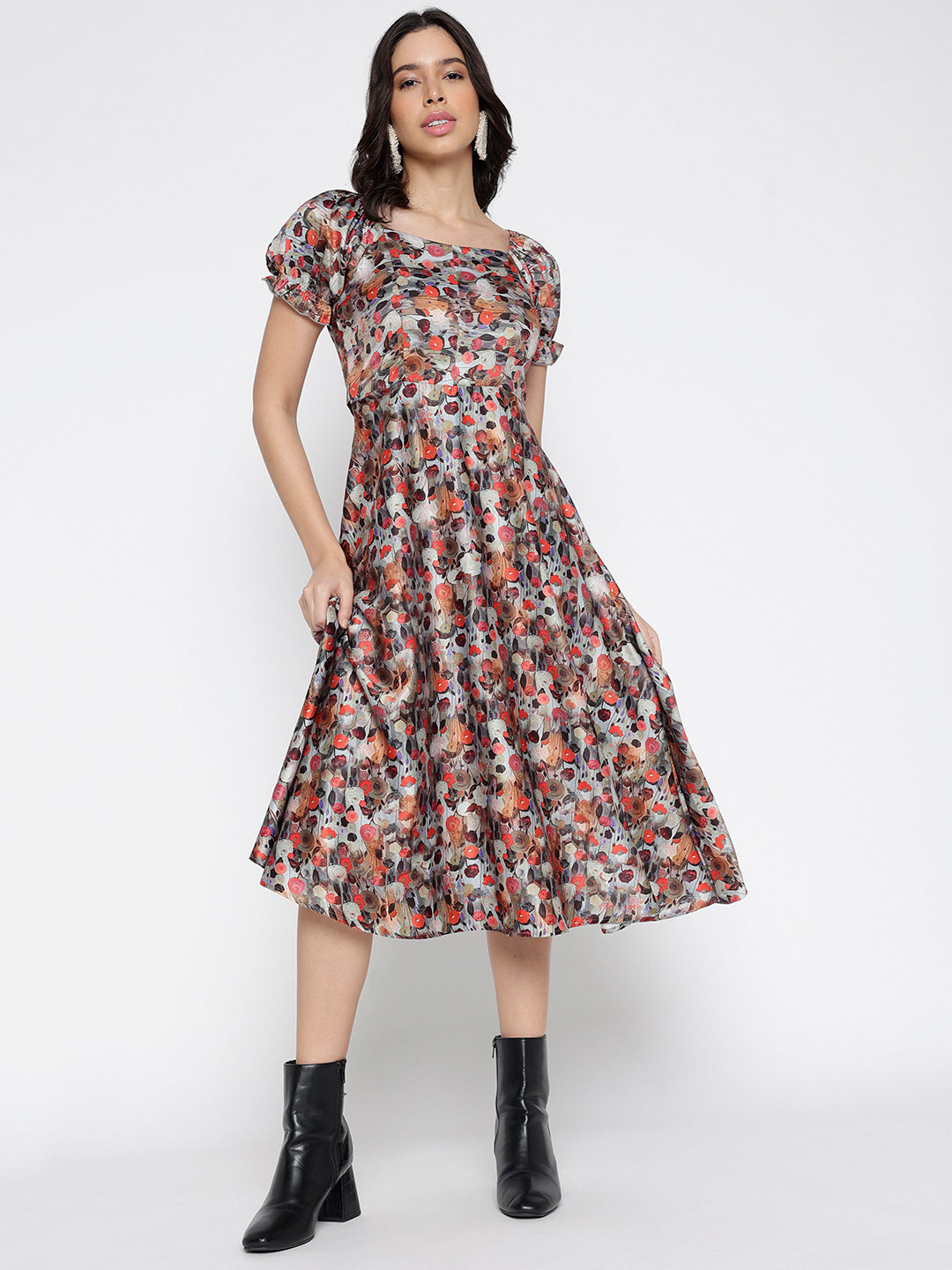 Women Multi Crepe Pure Puffs Midi Dress