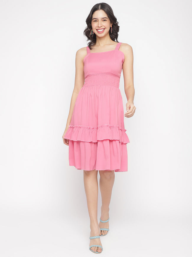 Women Pink Crepe Sundress Mini Dress