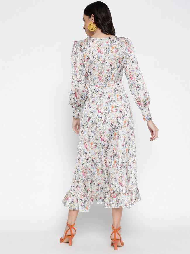 Women Cream Silky Soft Satin Graceful Wrap Midi Dress