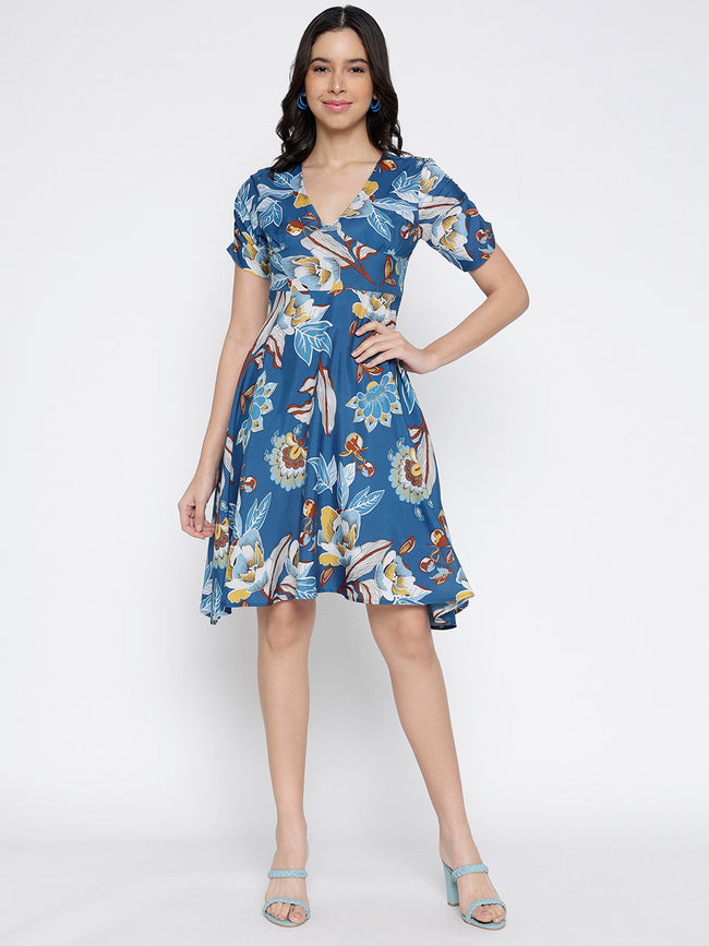 Women Blue Crepe Floral Mini Chic Dress