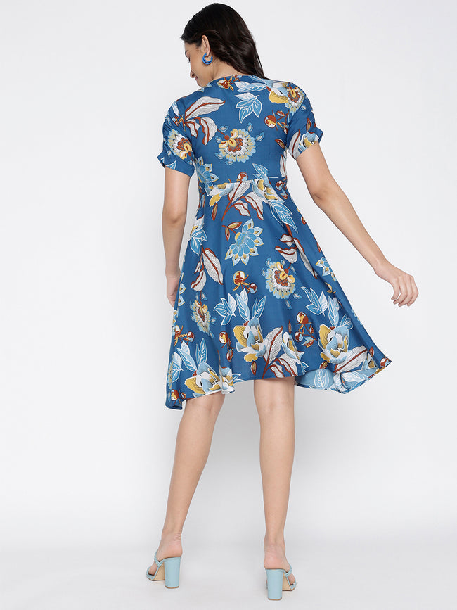 Women Blue Crepe Floral Mini Chic Dress