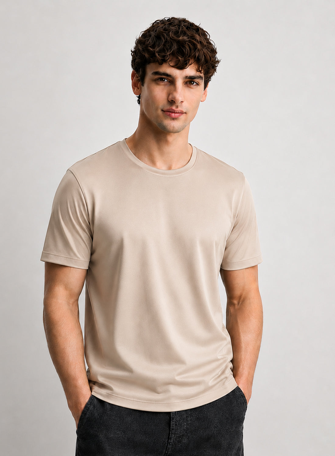 Men Beige Mercerized Cotton T-Shirt