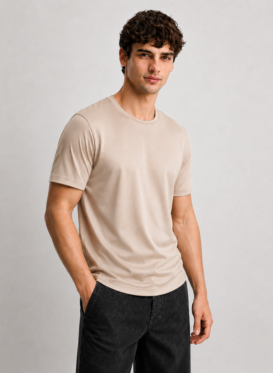 Men Beige Mercerized Cotton T-Shirt