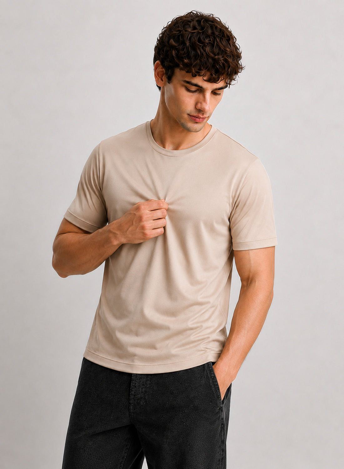 Men Beige Mercerized Cotton T-Shirt