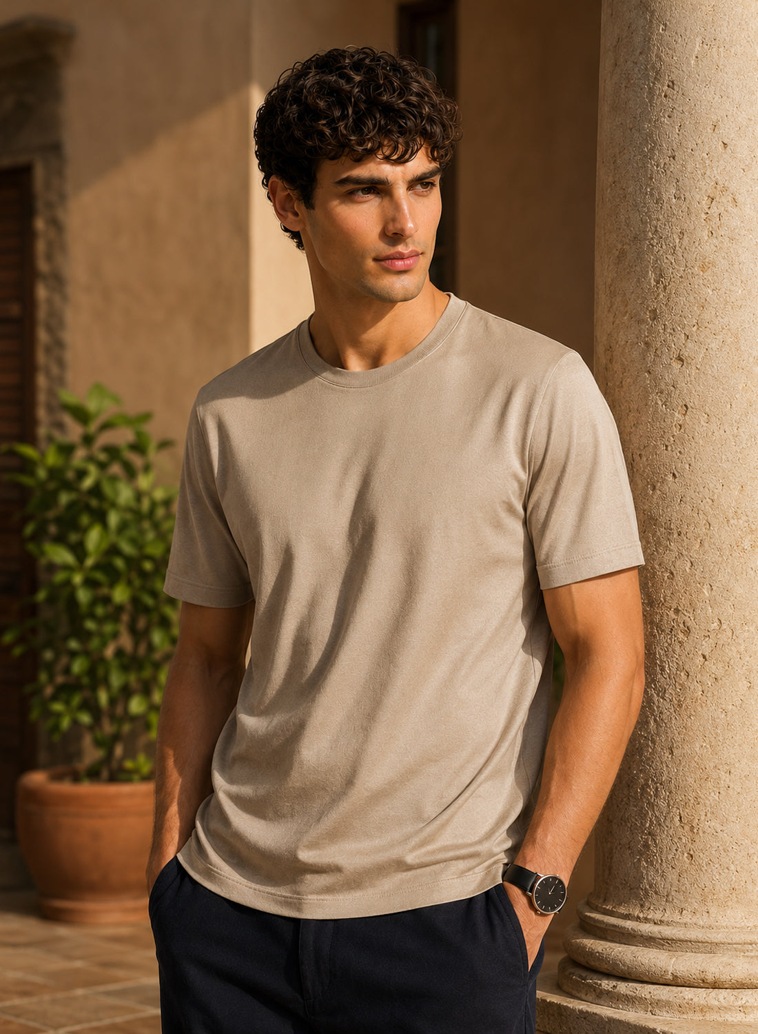 Men Beige Mercerized Cotton T-Shirt