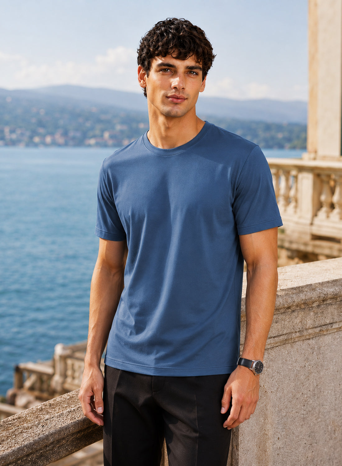 Men Blue Mercerized Cotton T-Shirt