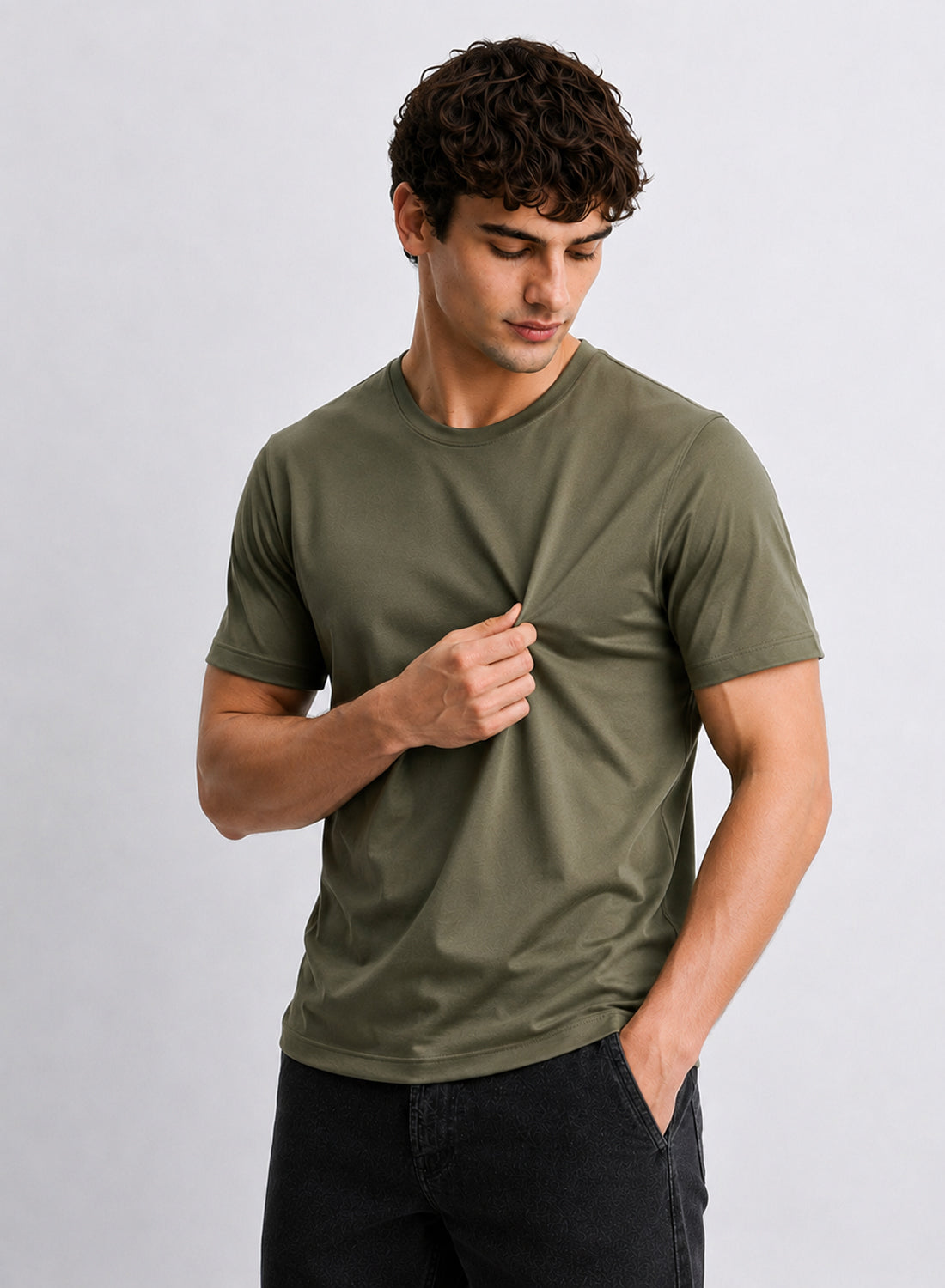 Men Olive Mercerized Cotton T-Shirt