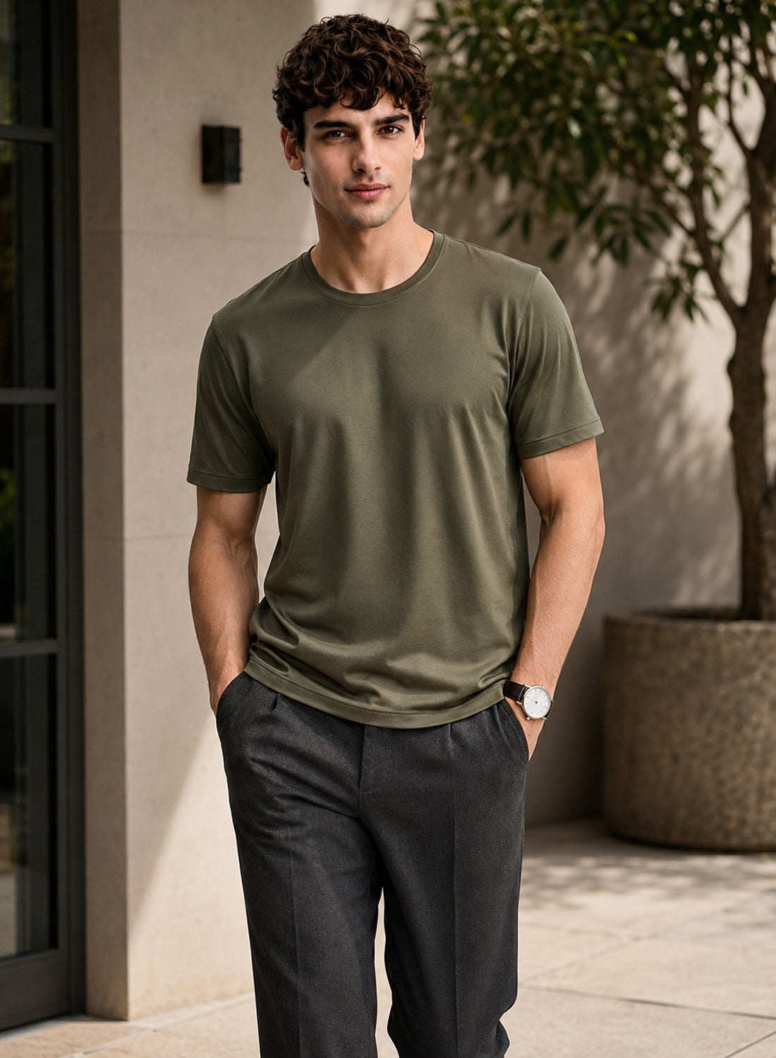 Men Olive Mercerized Cotton T-Shirt
