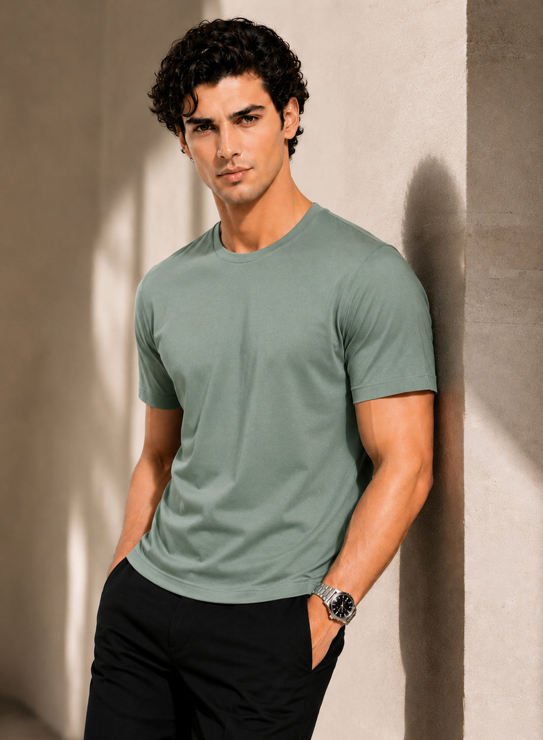 Men Green Mercerized Cotton T-Shirt