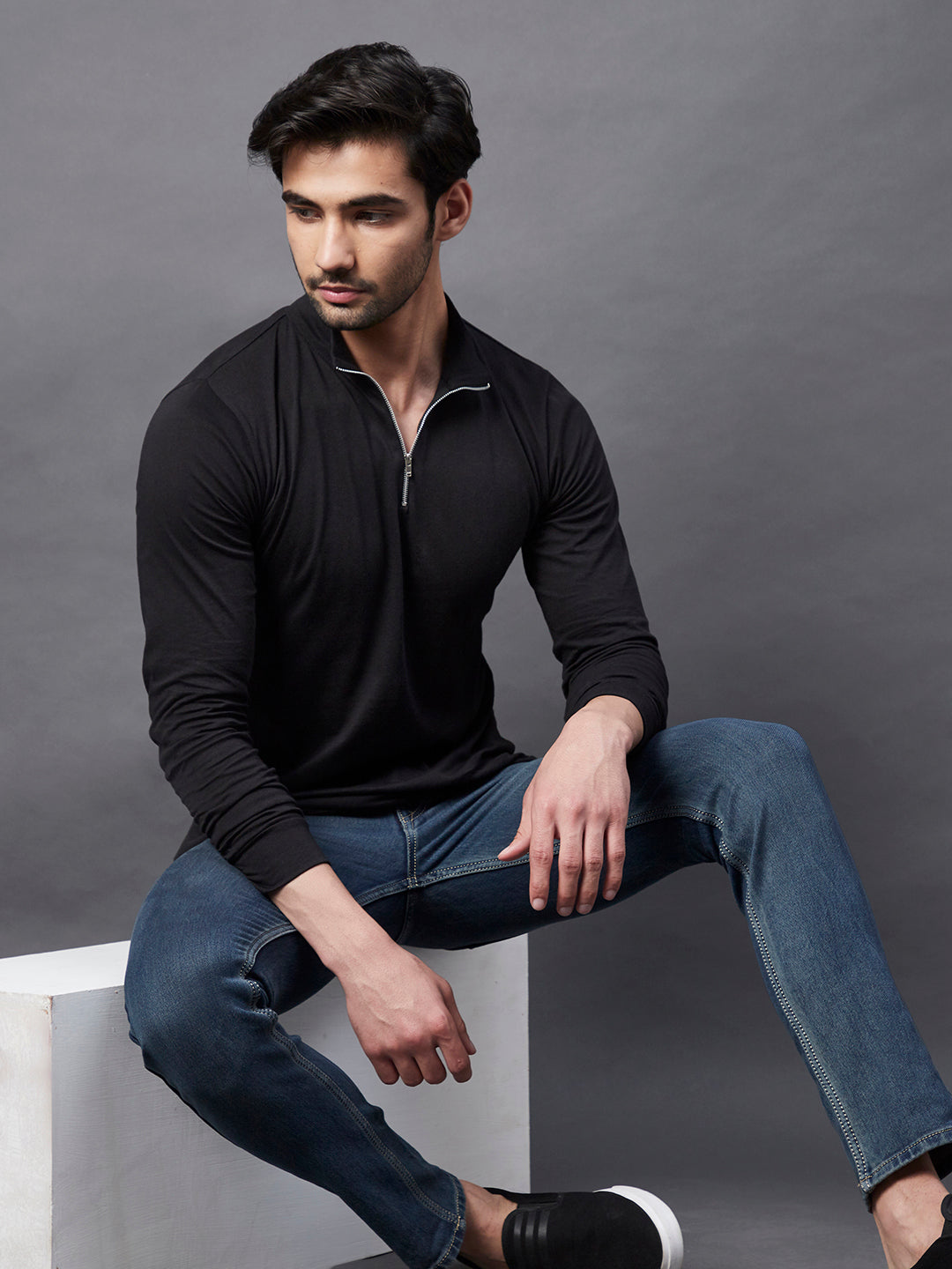 Men Black Zip Neck Full Sleeve Cotton Fabric T-Shirt