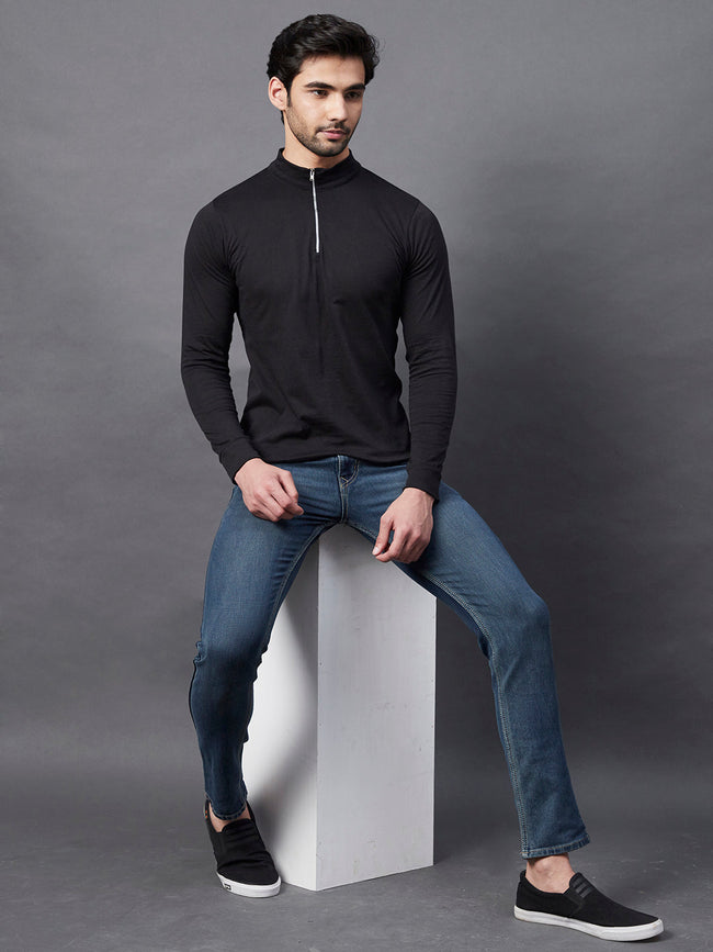 Men Black Zip Neck Full Sleeve Cotton Fabric T-Shirt
