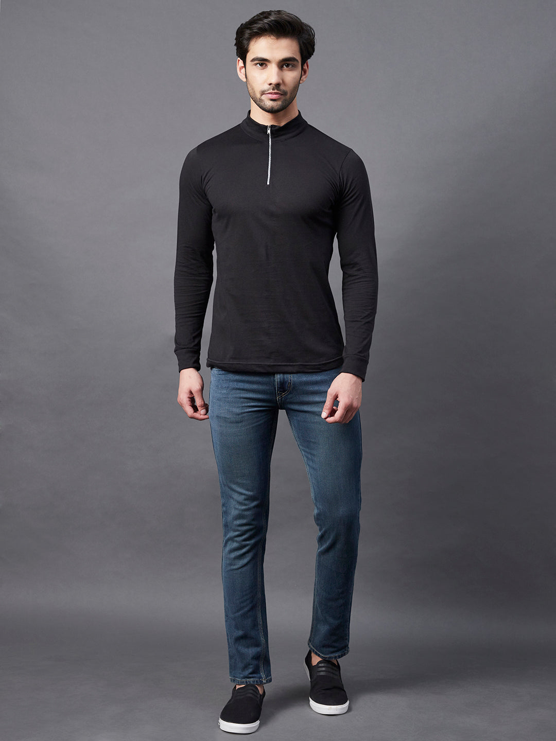 Men Black Zip Neck Full Sleeve Cotton Fabric T-Shirt