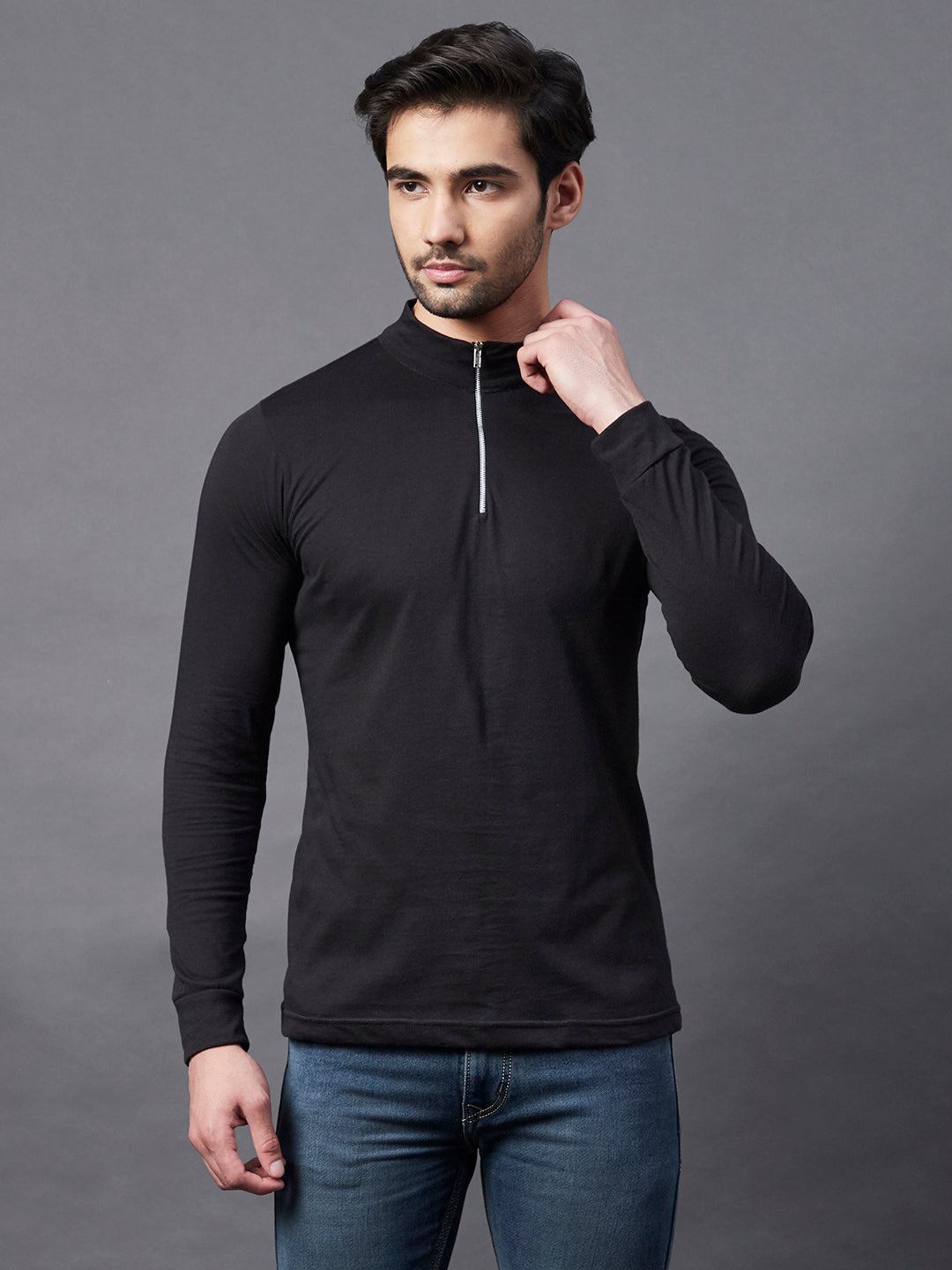 Men Black Zip Neck Full Sleeve Cotton Fabric T-Shirt