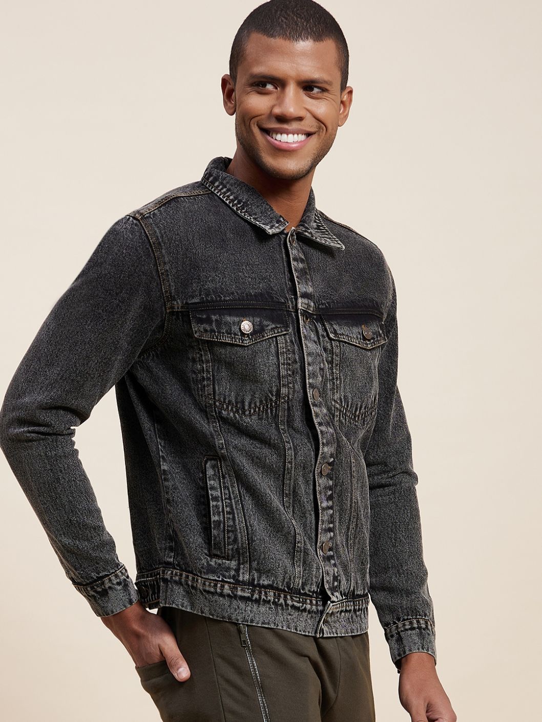 Men Black Washed Denim Jacket