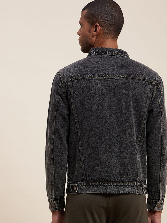 Men Black Washed Denim Jacket