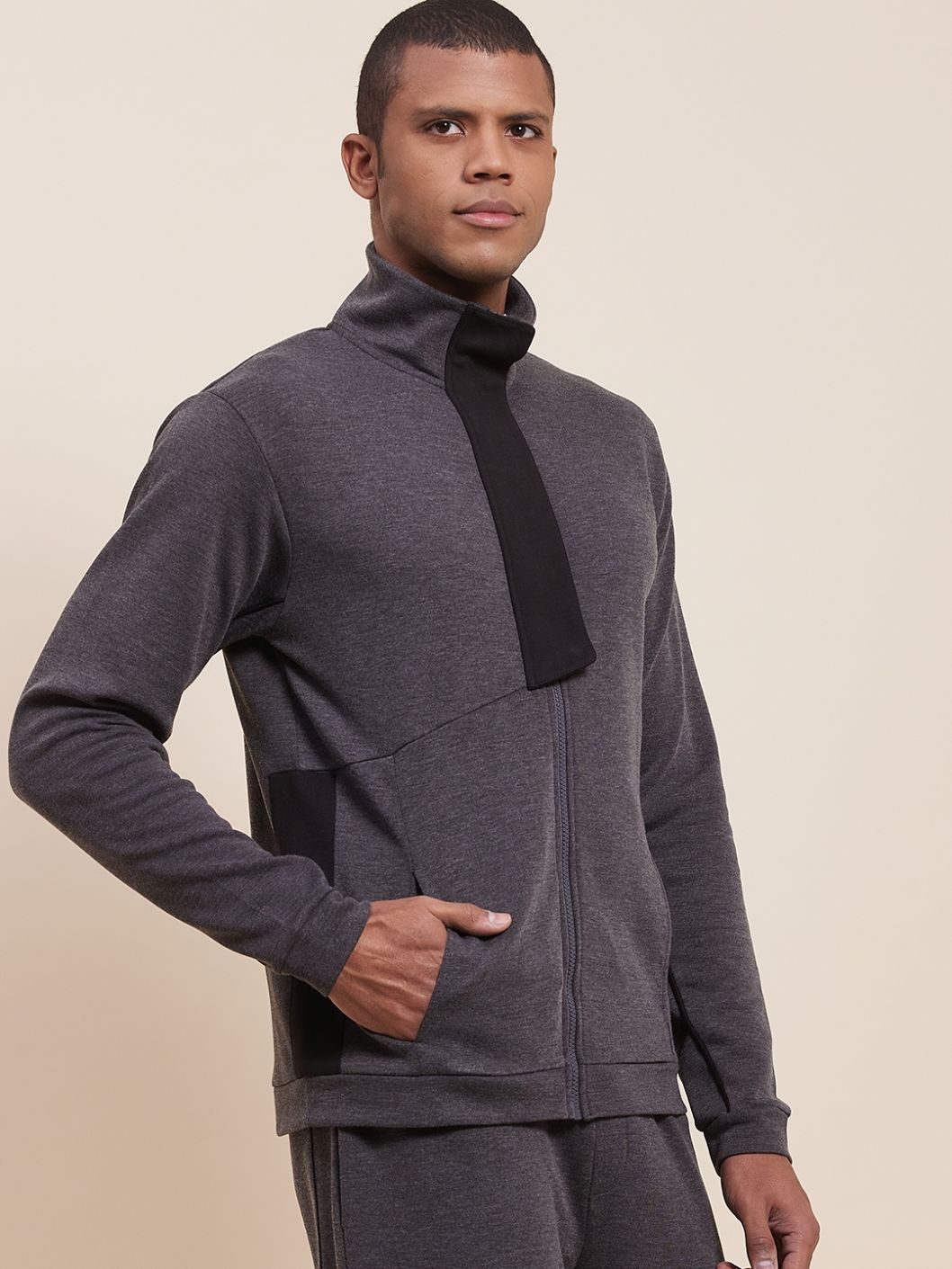 Men Grey Melange High Neck Contrast Flap Jacket