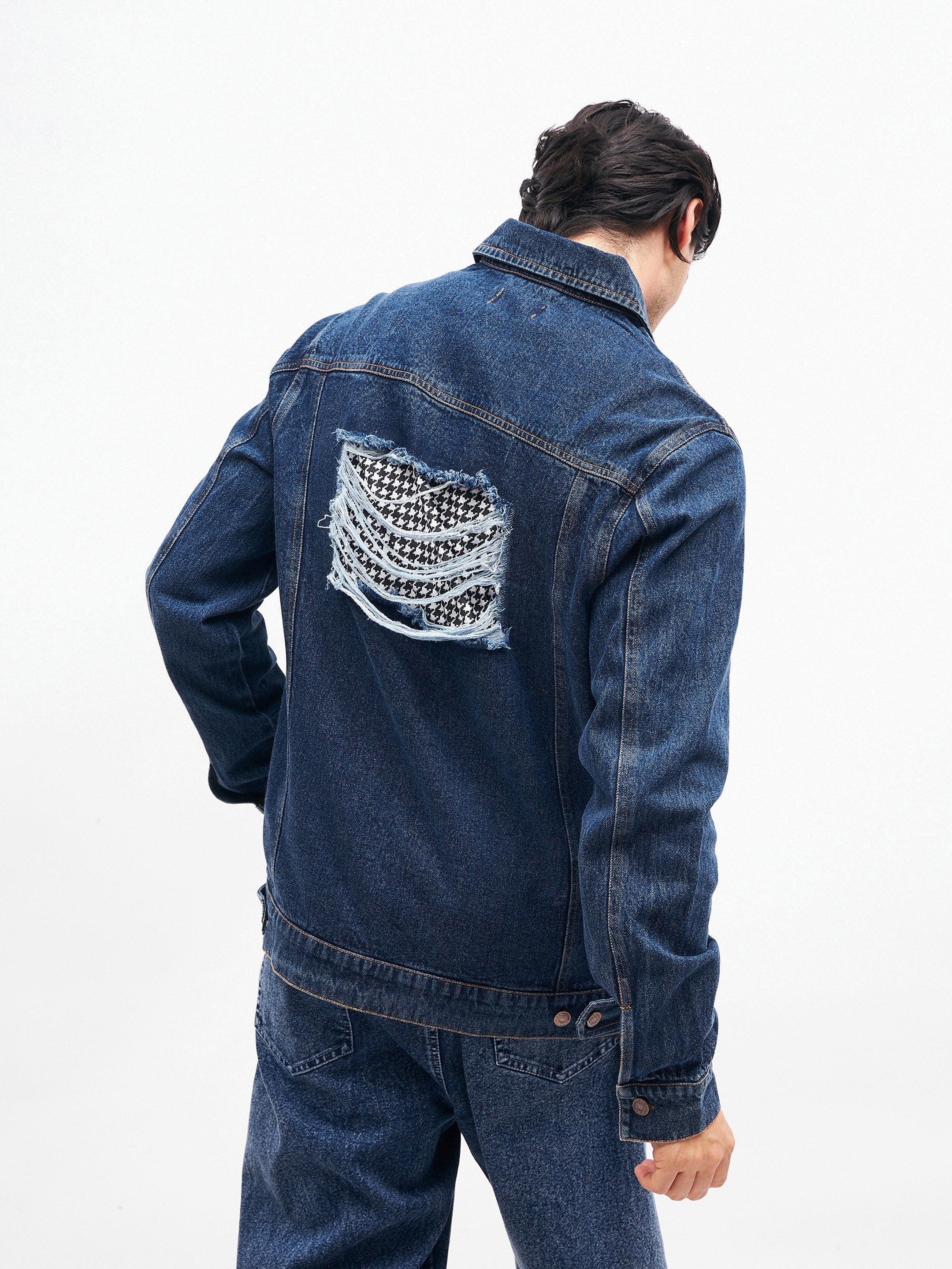 Blue Cut-out Distressed Denim Jacket-MASCLN SASSAFRAS