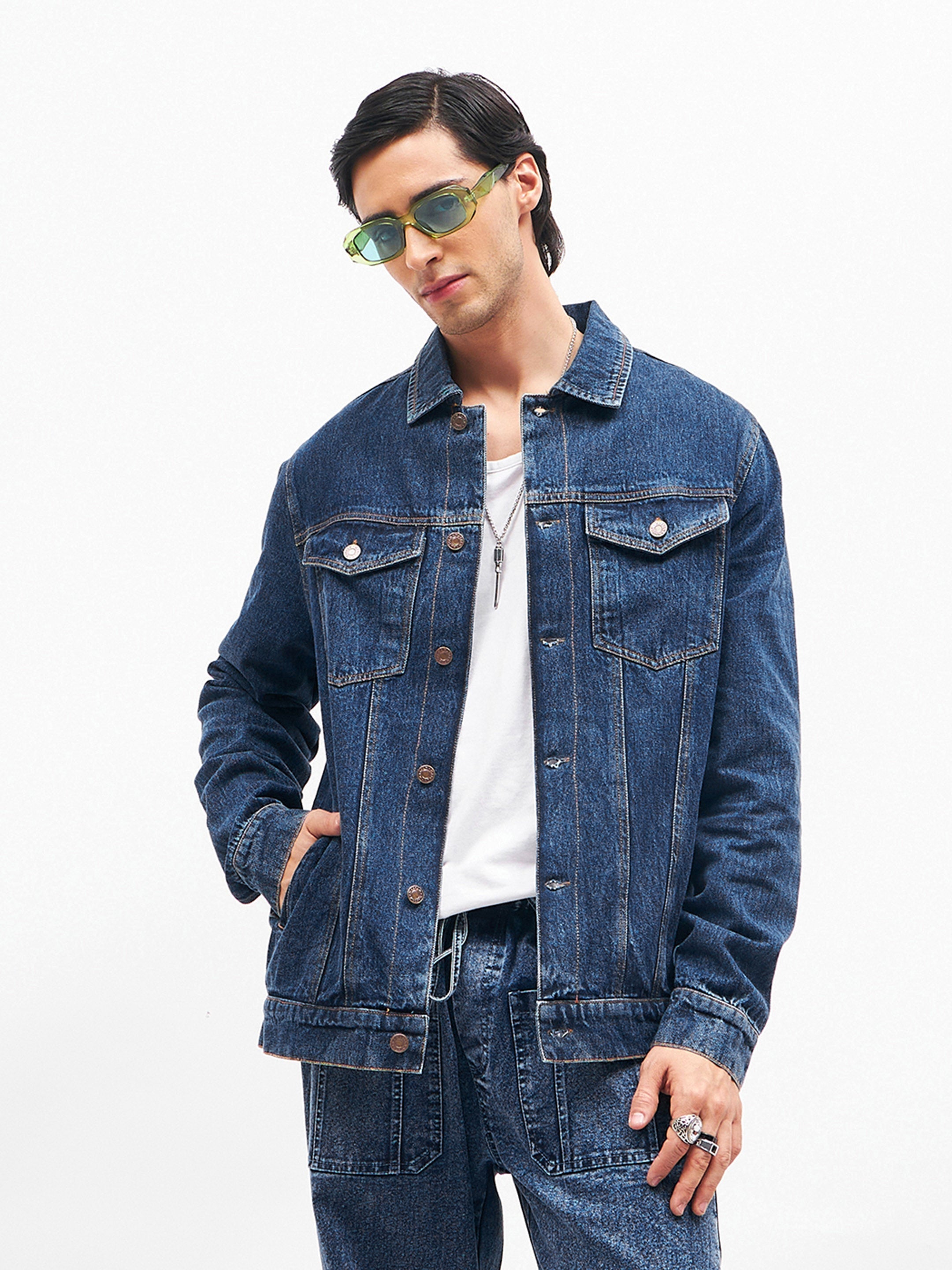 Blue Cut-out Distressed Denim Jacket-MASCLN SASSAFRAS