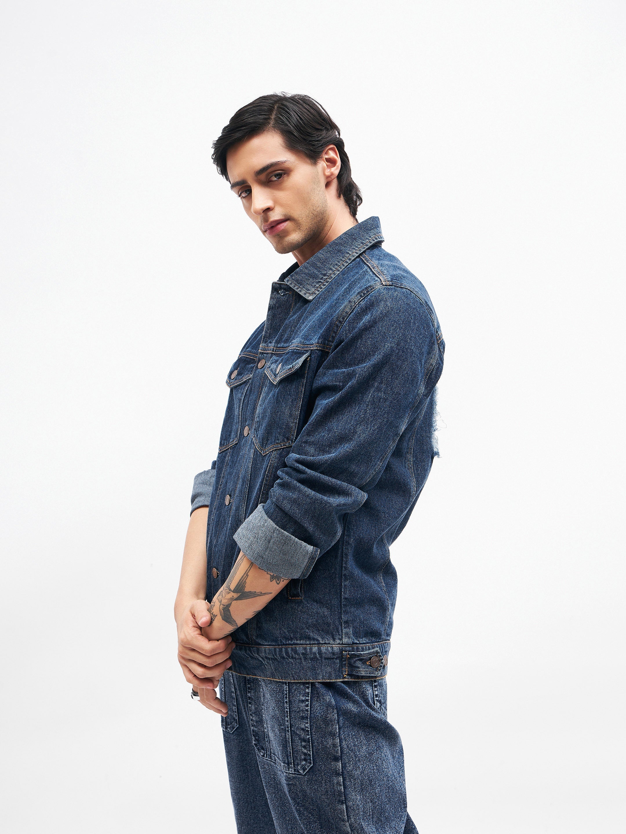 Blue Cut-out Distressed Denim Jacket-MASCLN SASSAFRAS