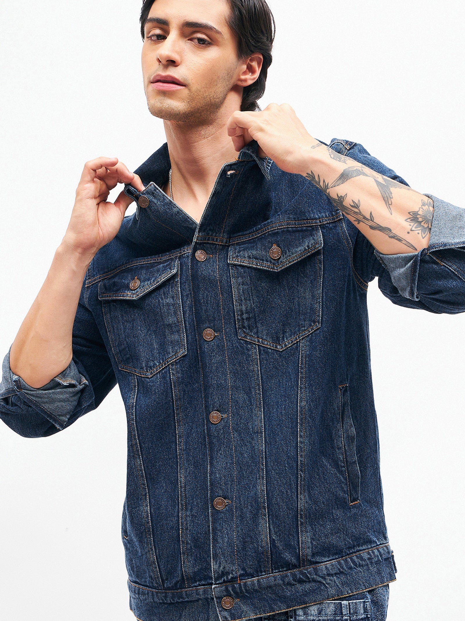 Blue Cut-out Distressed Denim Jacket-MASCLN SASSAFRAS