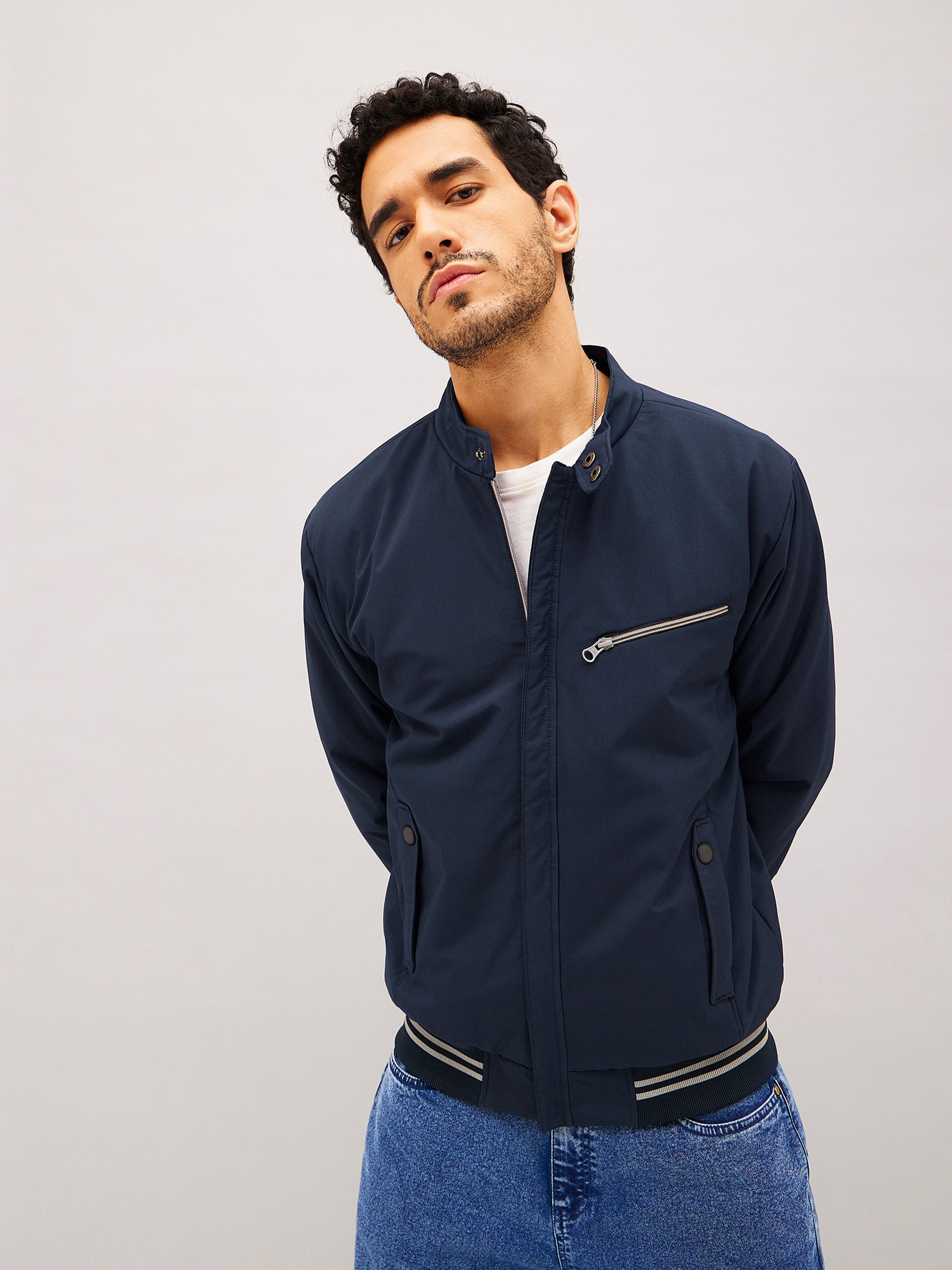 Navy Full Sleeve Front Zipper Jacket-MASCLN SASSAFRAS