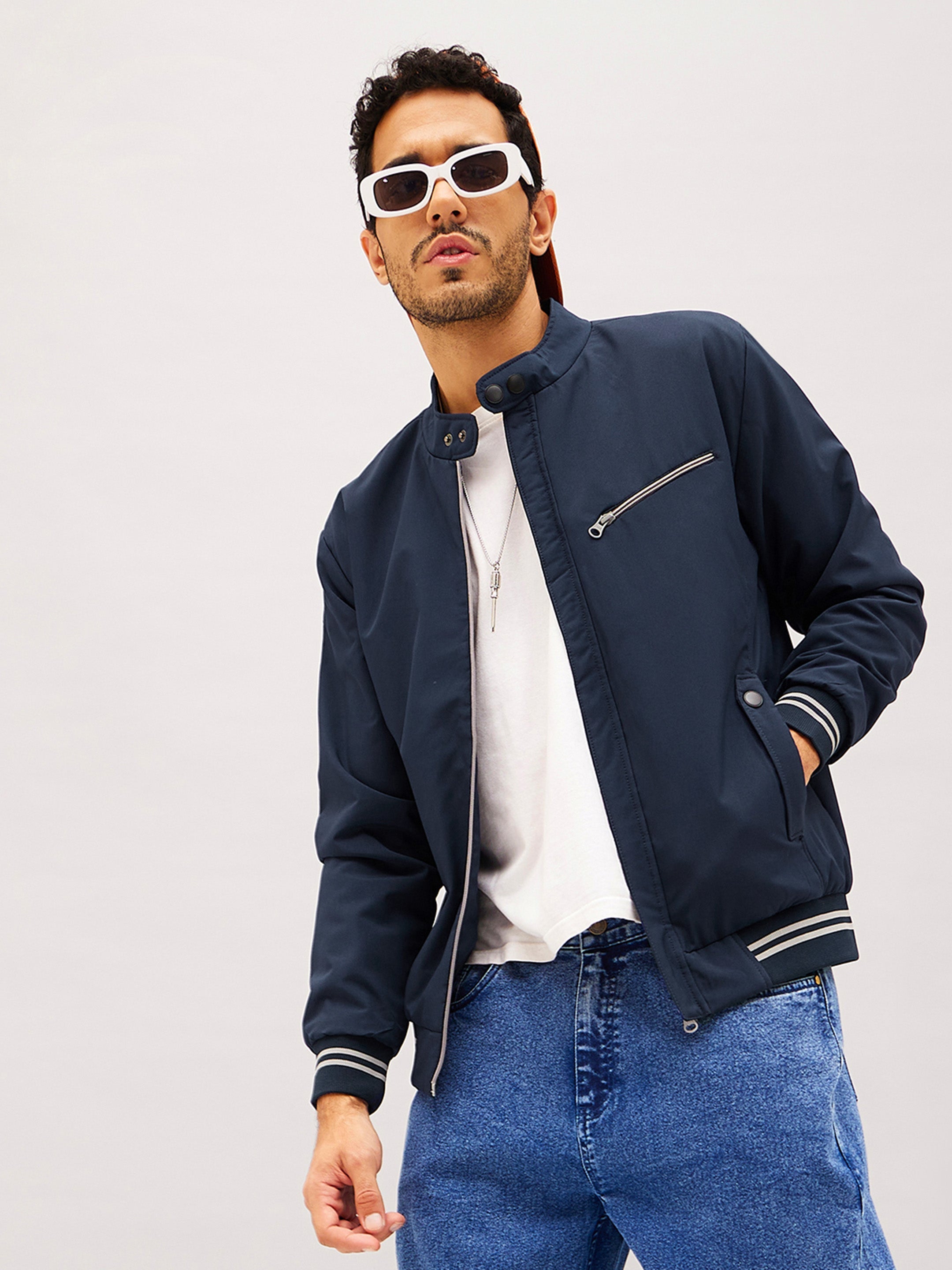 Navy Full Sleeve Front Zipper Jacket-MASCLN SASSAFRAS