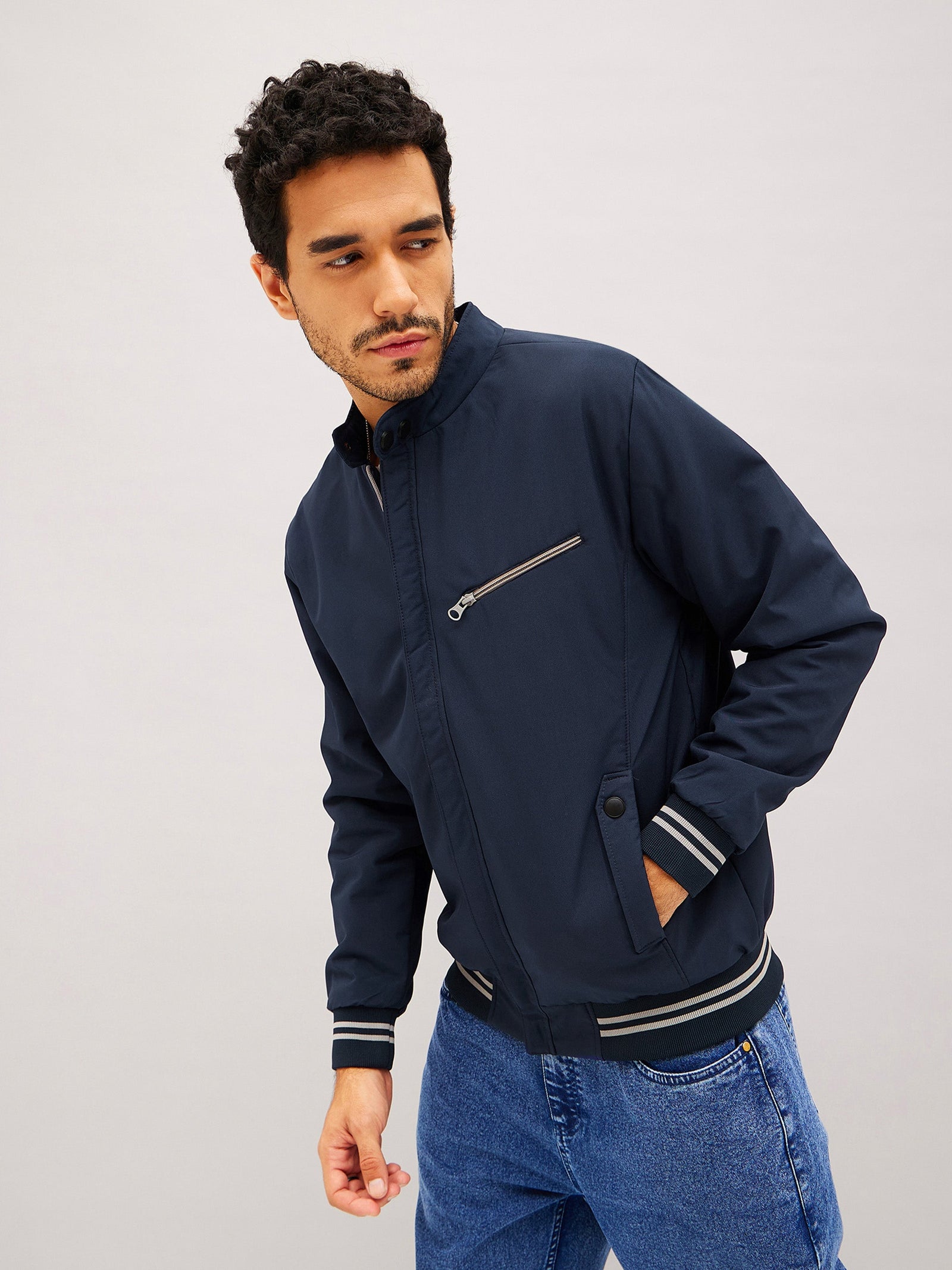 Navy Full Sleeve Front Zipper Jacket-MASCLN SASSAFRAS