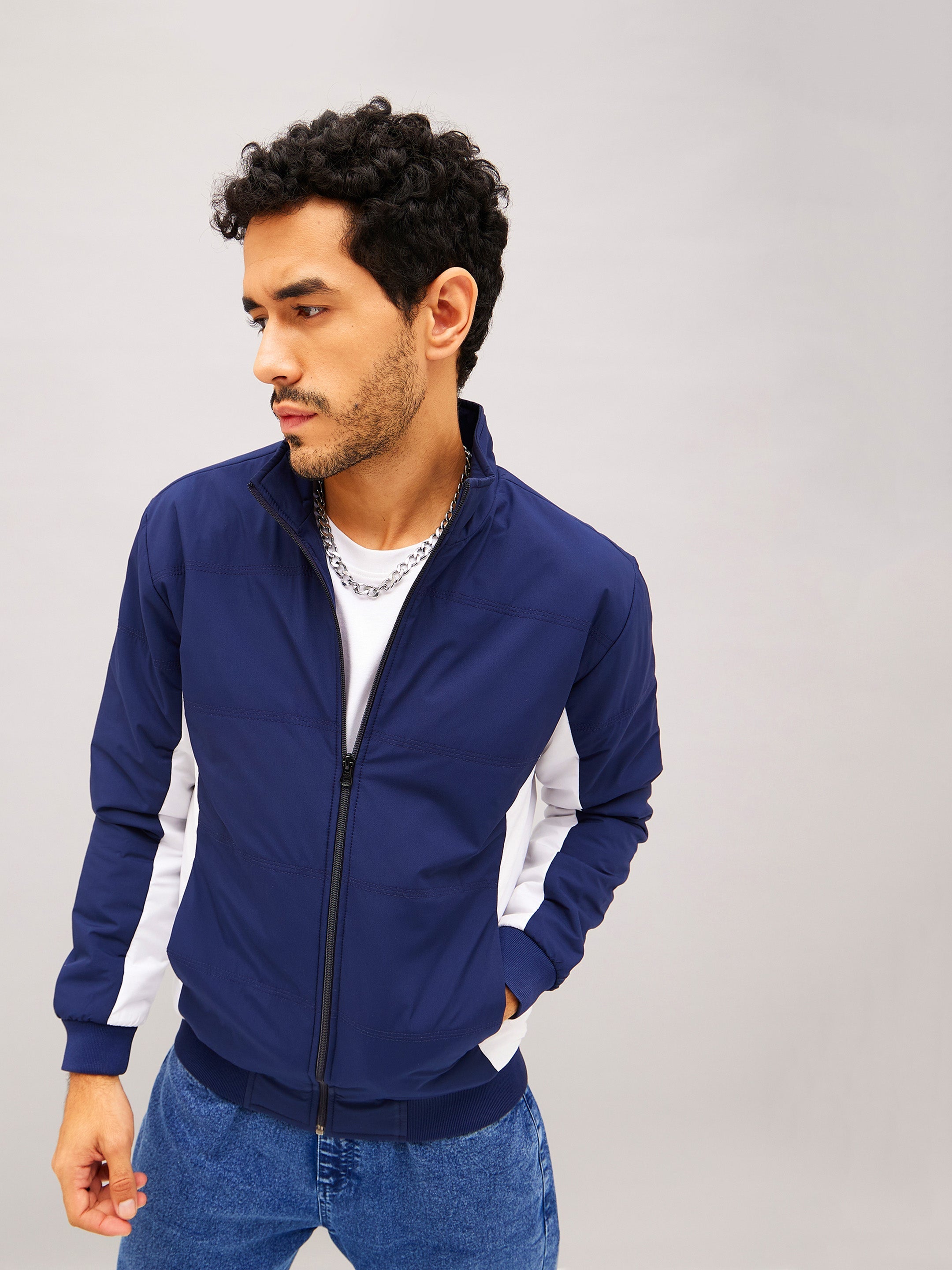 Navy & White Color Block Biker Jacket-MASCLN SASSAFRAS