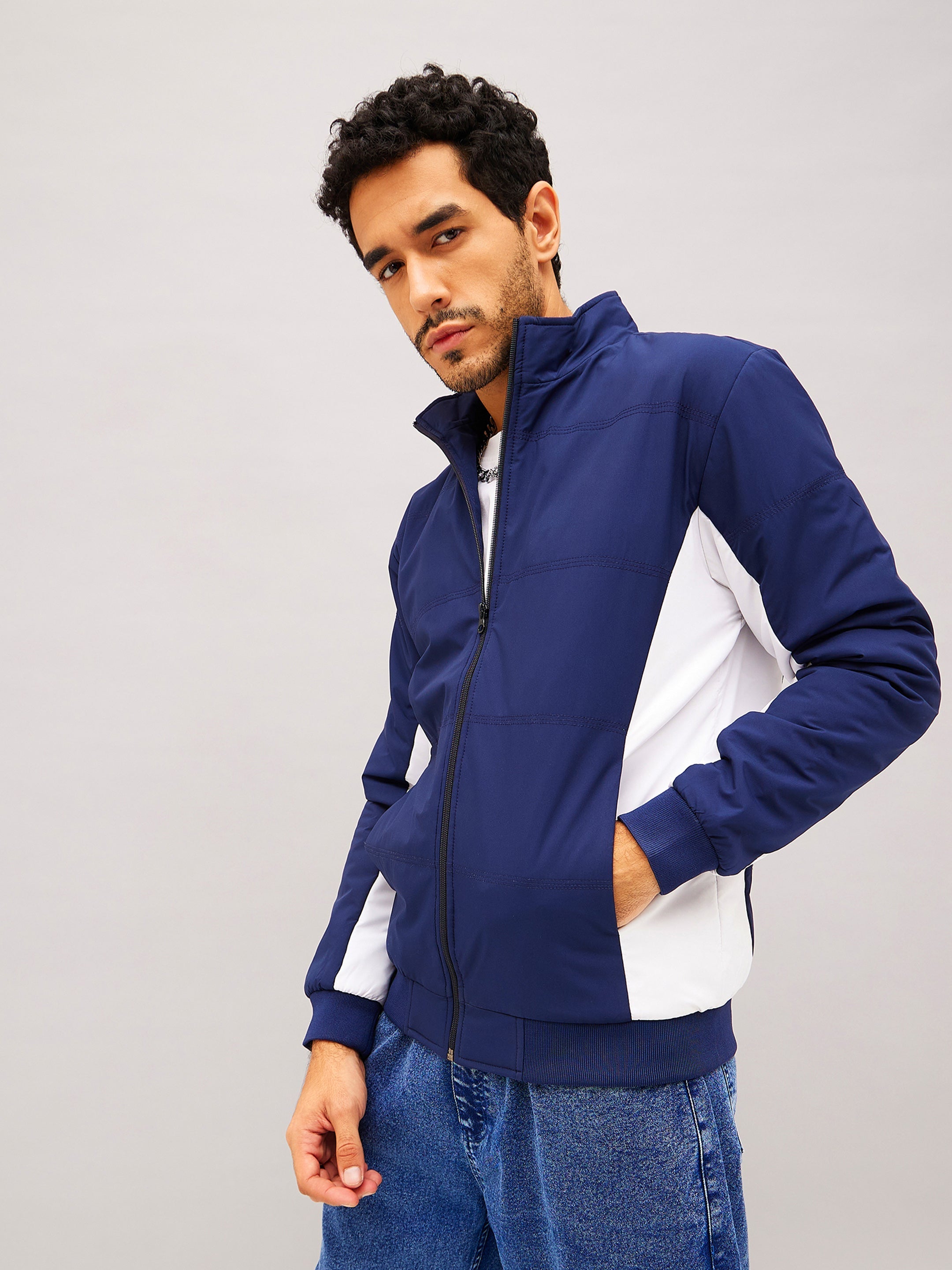 Navy & White Color Block Biker Jacket-MASCLN SASSAFRAS