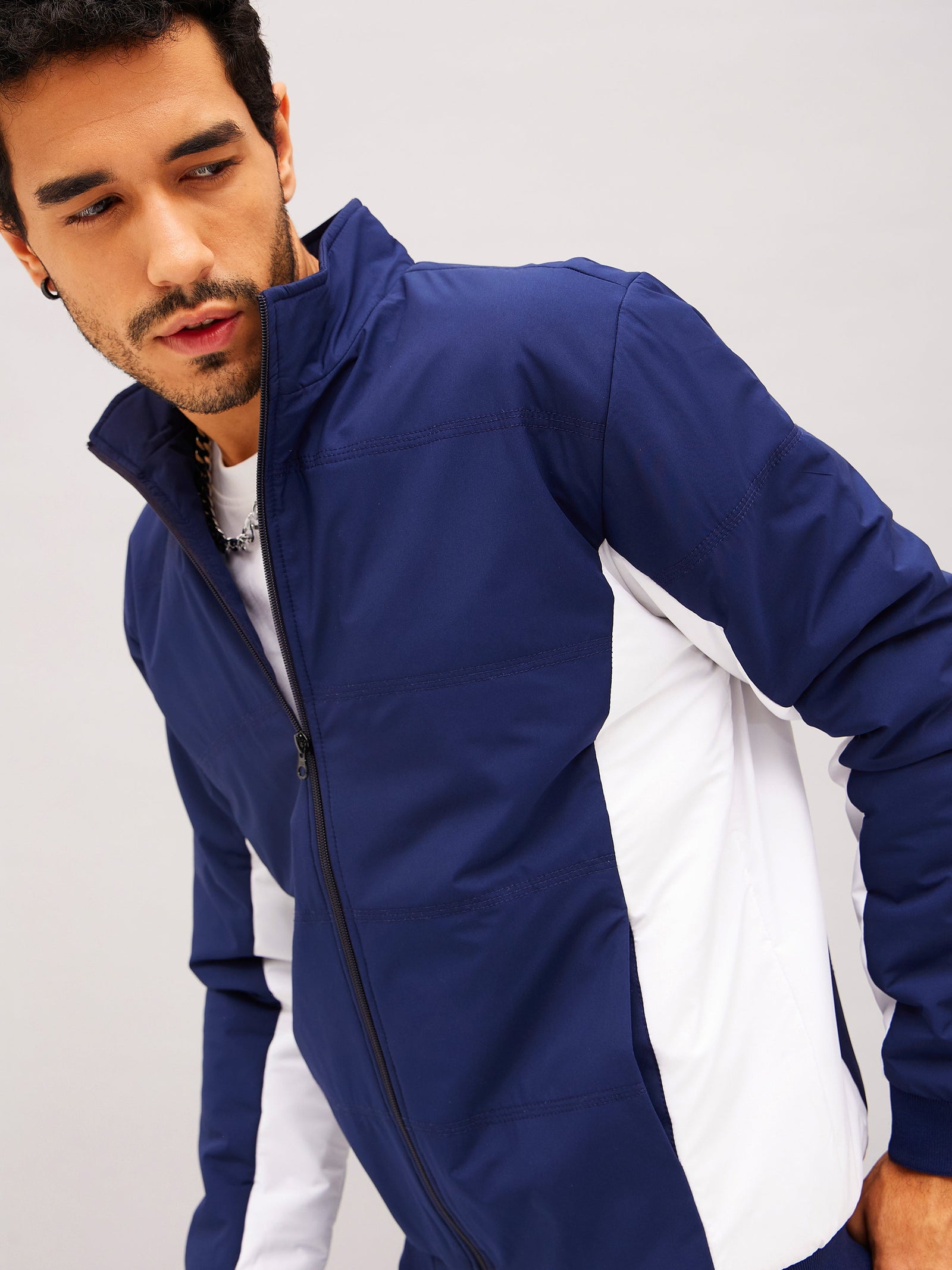 Navy & White Color Block Biker Jacket-MASCLN SASSAFRAS