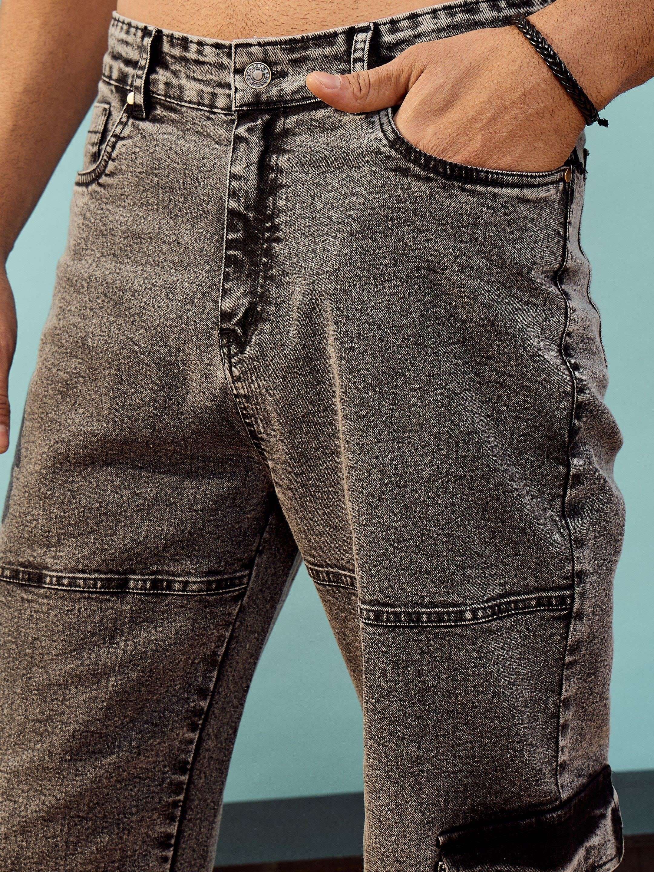 Men Black Washed Cargo Pocket Oversized Jeans