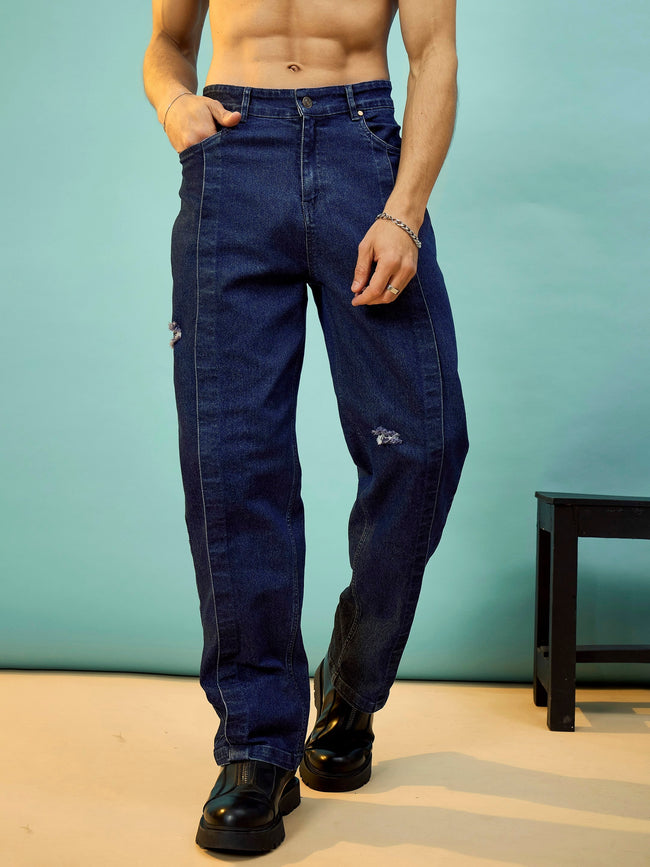 Men Navy Front Detail Oversized Jeans