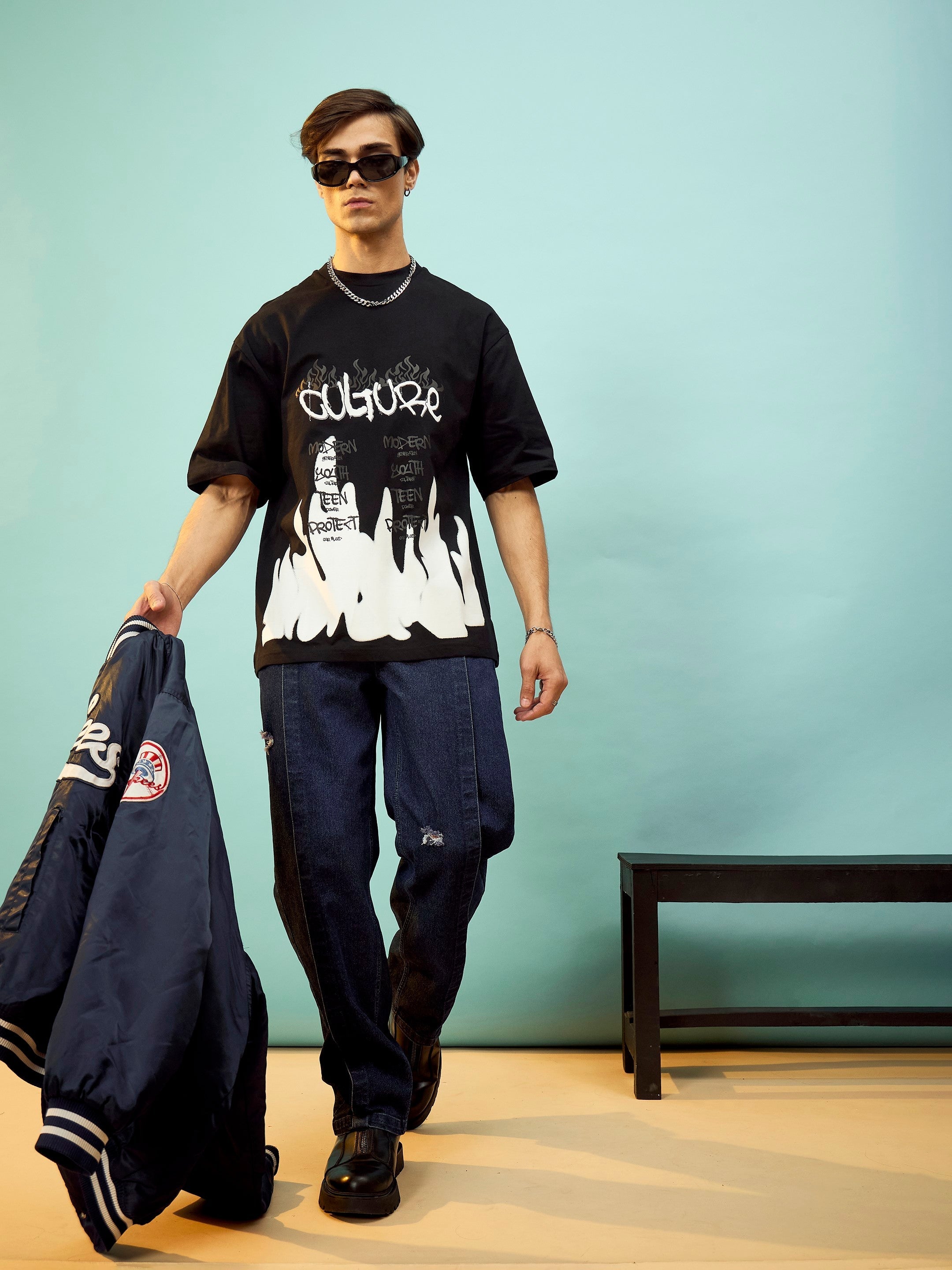 Men Navy Front Detail Oversized Jeans