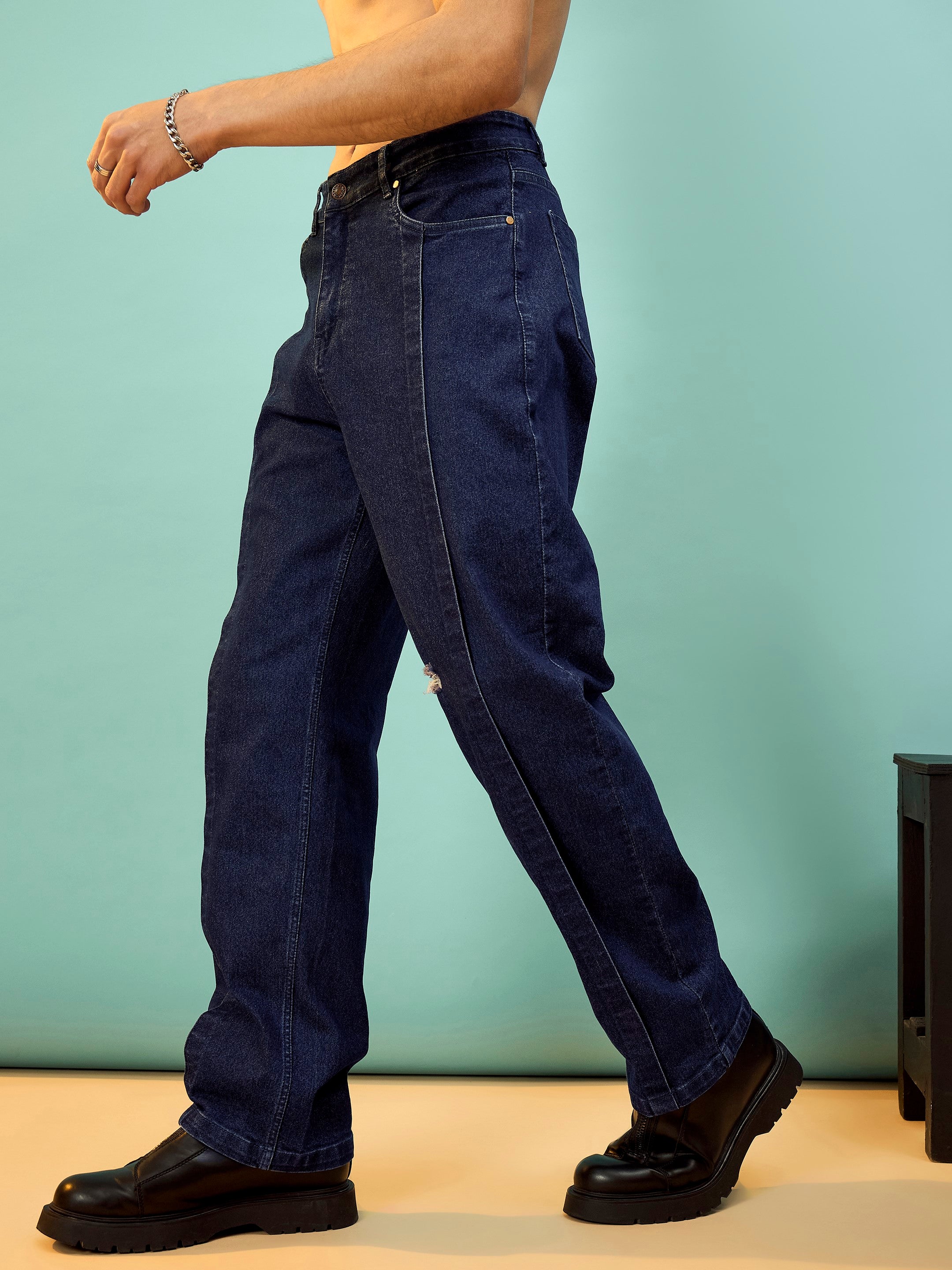 Men Navy Front Detail Oversized Jeans