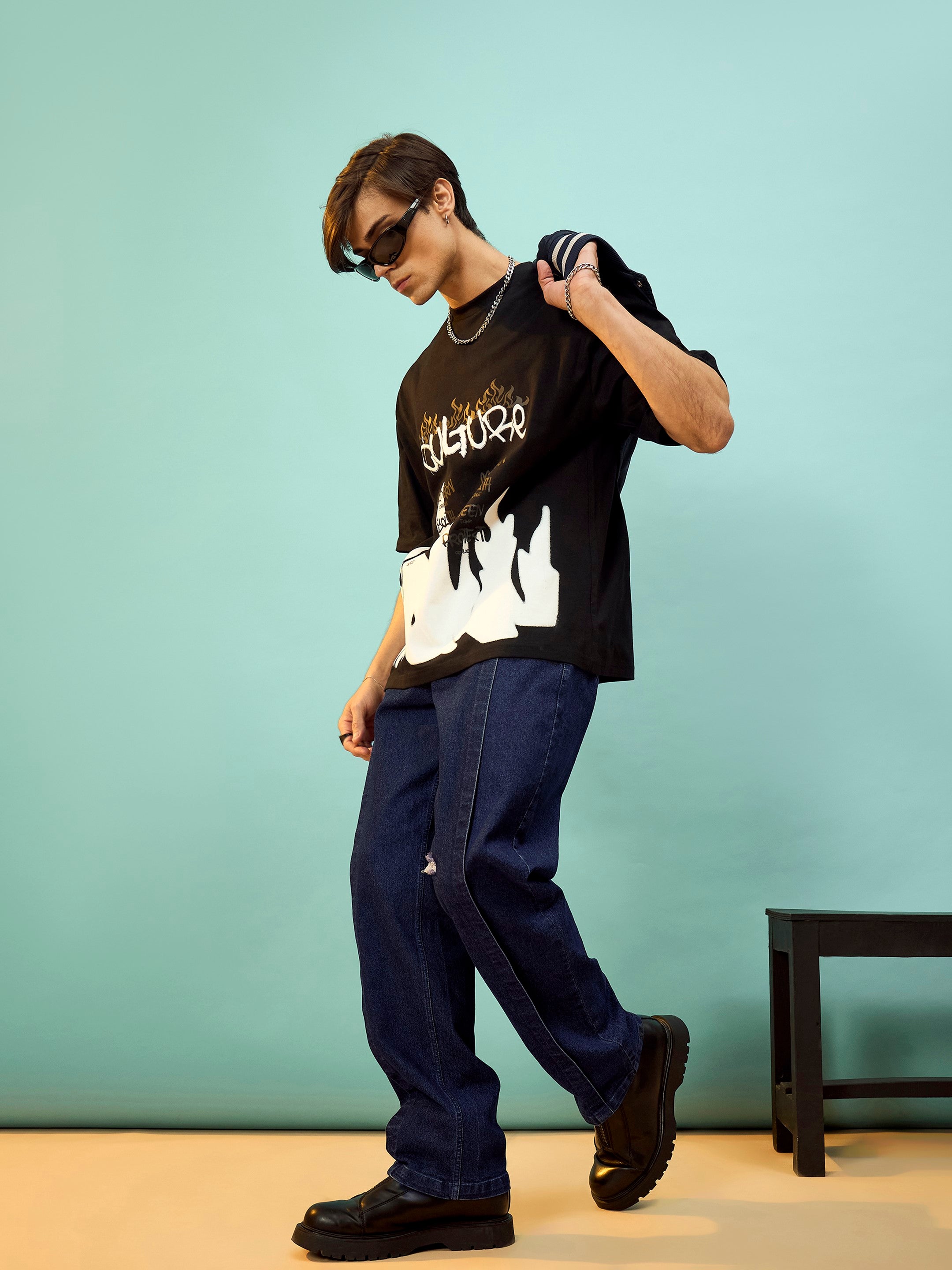 Men Navy Front Detail Oversized Jeans